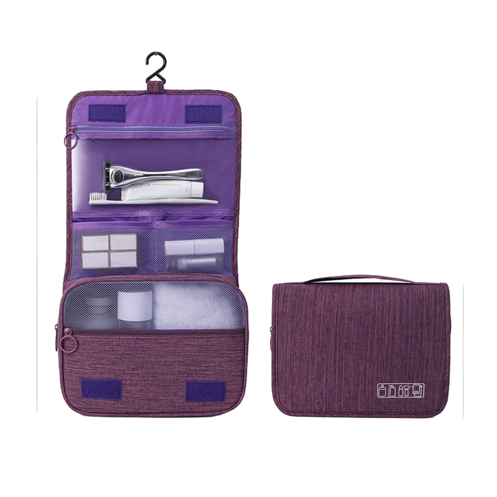 Waterproof Hanging Travel Makeup Bag with Wet/Dry Compartments - Multi-Color Cosmetic Organizer for Toiletries, Shampoo & Skincare (Purple) - Perfect for Vacation, Gym & Business Trips