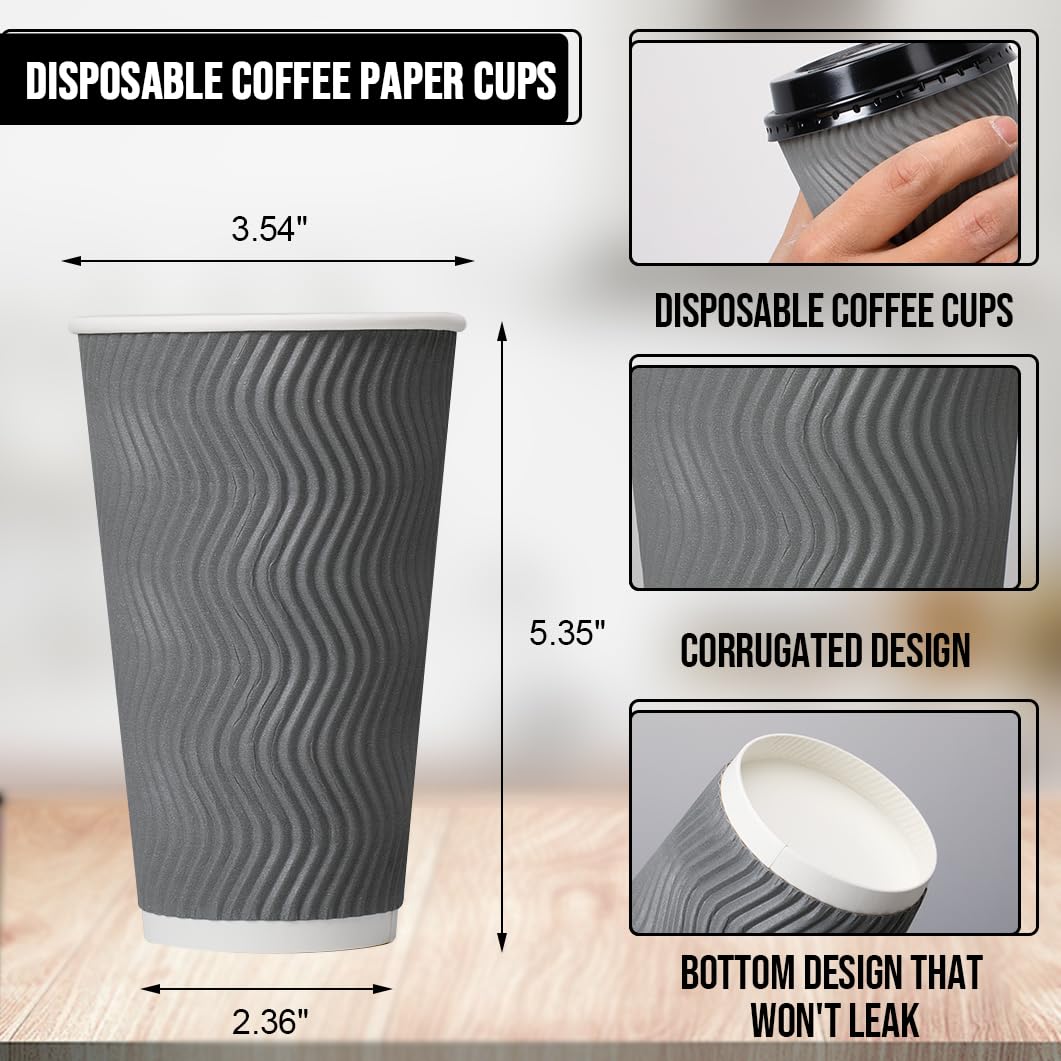 16oz Insulated Paper Coffee Cups with Lids - 100 Pack Disposable Ripple Design Cups for Hot & Cold Beverages - Perfect for Coffee, Tea, Juice, Water - Ideal for Offices, Cafes, Parties & Home Use (Gray)
