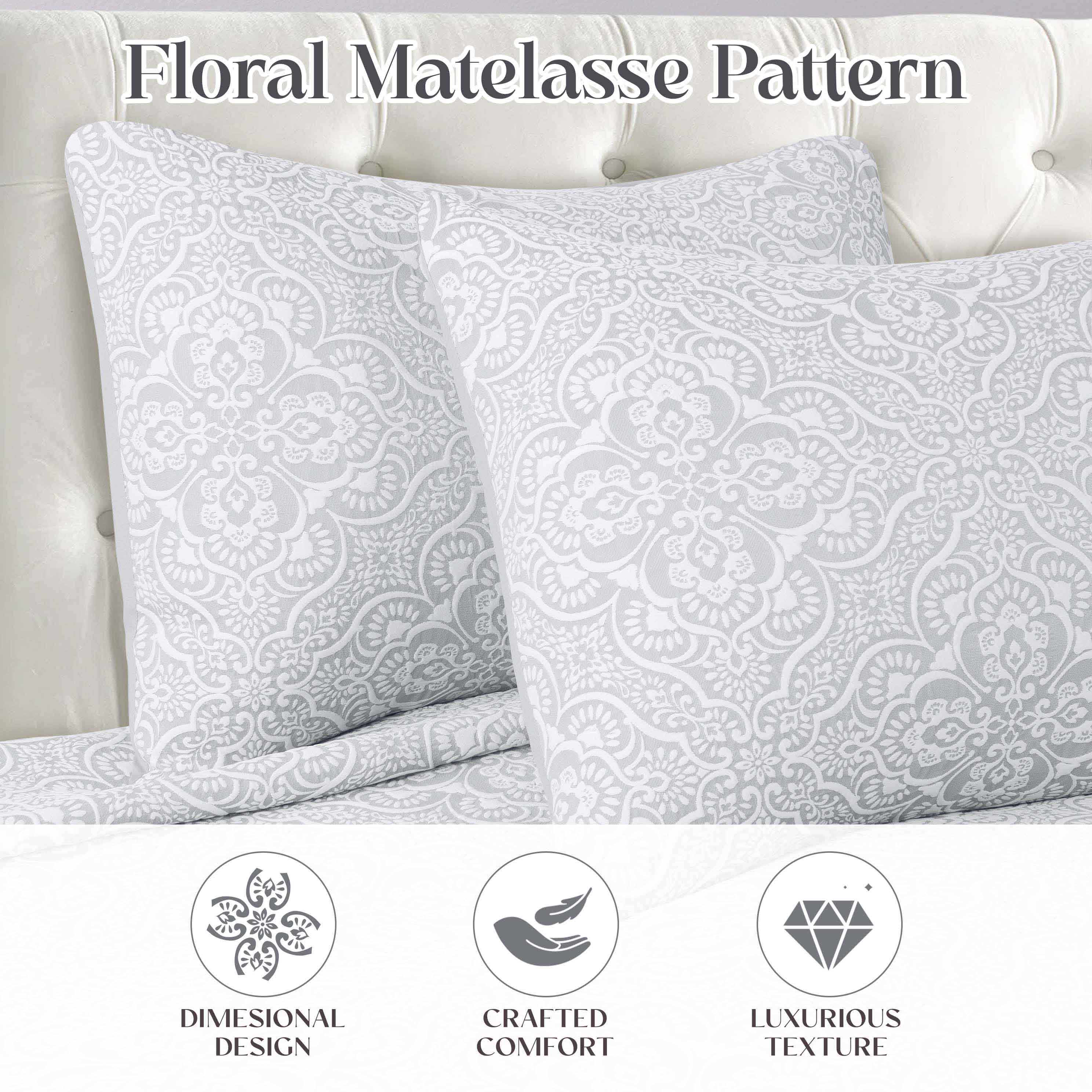Enzy Medium Weight Floral Matelasse Bedspread & Sham Set - Queen Size Luxury Bedding for Master Bedroom Decor, Guest Room or Hotel Style Makeover