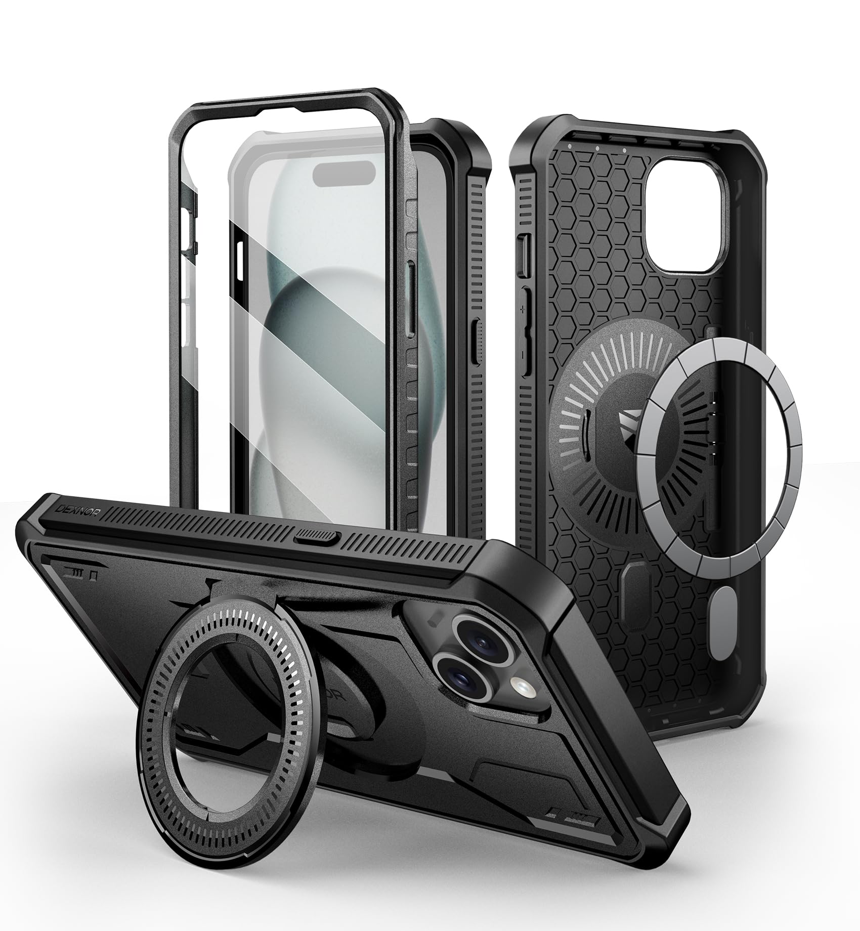 Dexnor Magnetic Shockproof Case for iPhone 15 Plus & iPhone 14 Plus - Magsafe Compatible Rugged Bumper Cover with Built-in Screen Protector & Kickstand (Black) - Perfect for Outdoor Adventures, Work & Daily Protection
