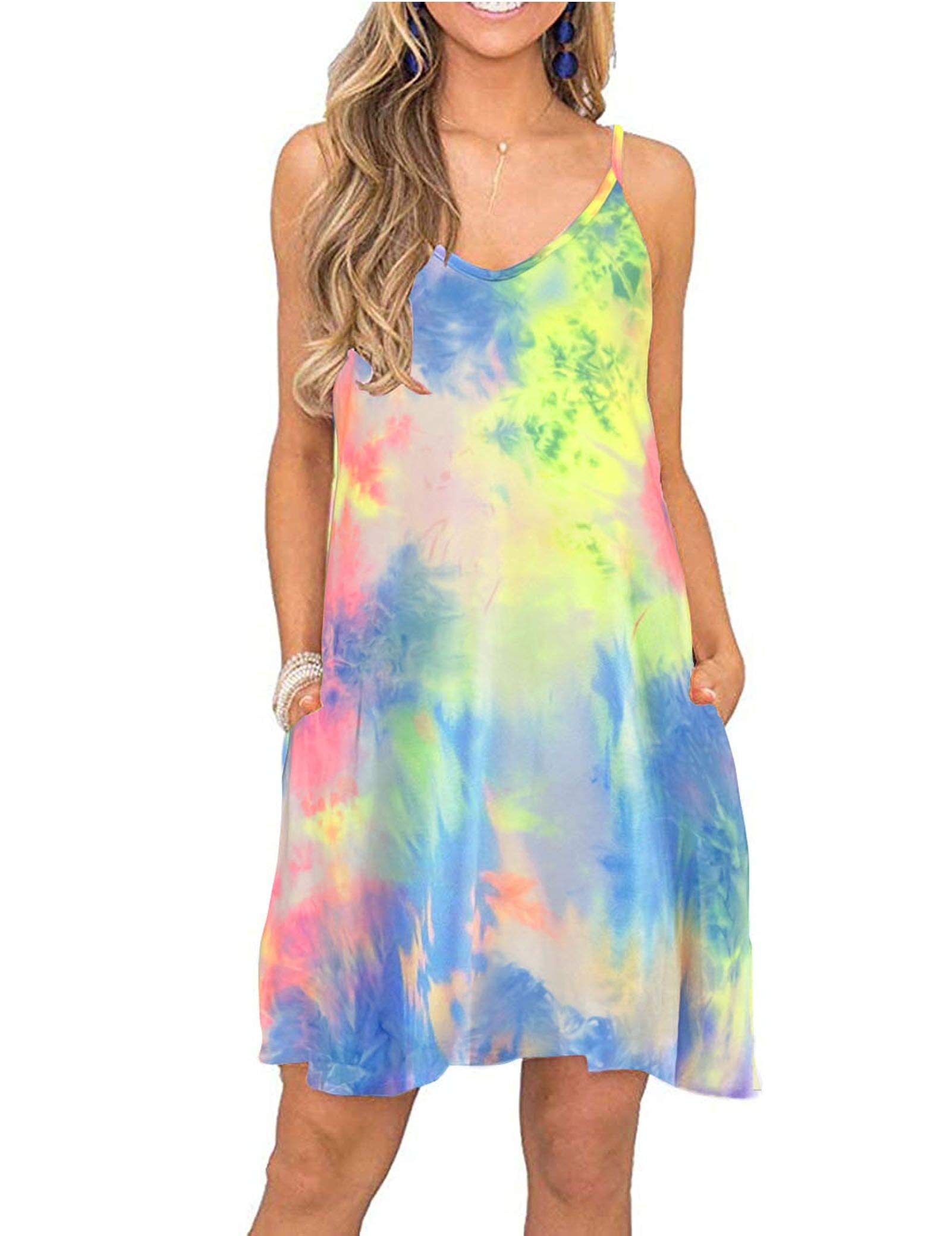 JOSENLY Women's Summer Spaghetti Strap Casual Swing Tank Dress with Pockets - Beach Cover Up, Poolside Lounge, Vacation Outfit, Boho Chic Style
