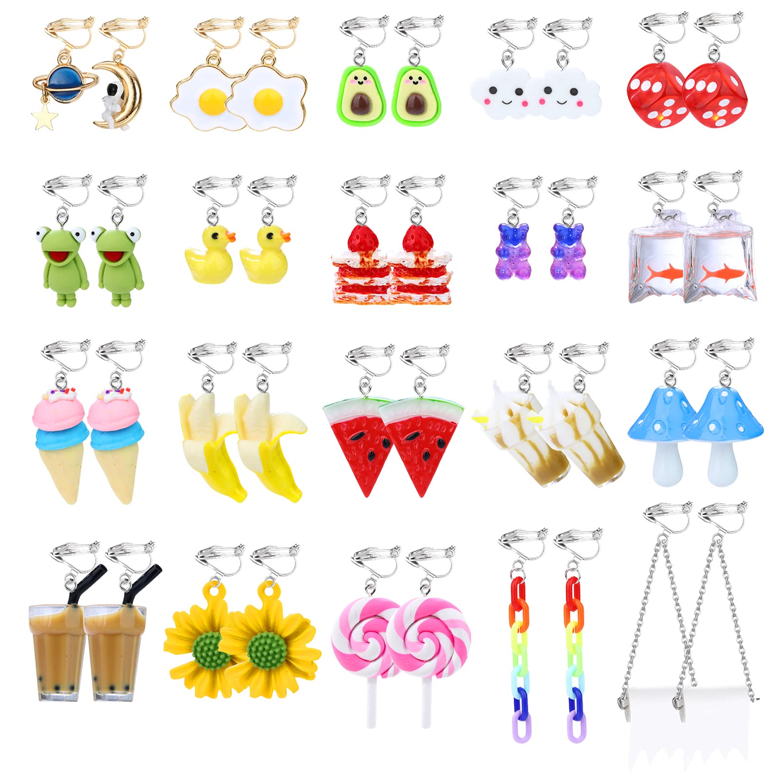 **Kakonia 20 Pairs Cute Clip-On Earrings for Women & Girls – Fun Drop Dangle Earrings in Mushroom, Strawberry, Flower & Animal Designs – Kawaii Non-Pierced Earrings with Clear Box – Perfect for Parties, Gifts & Everyday Wear**