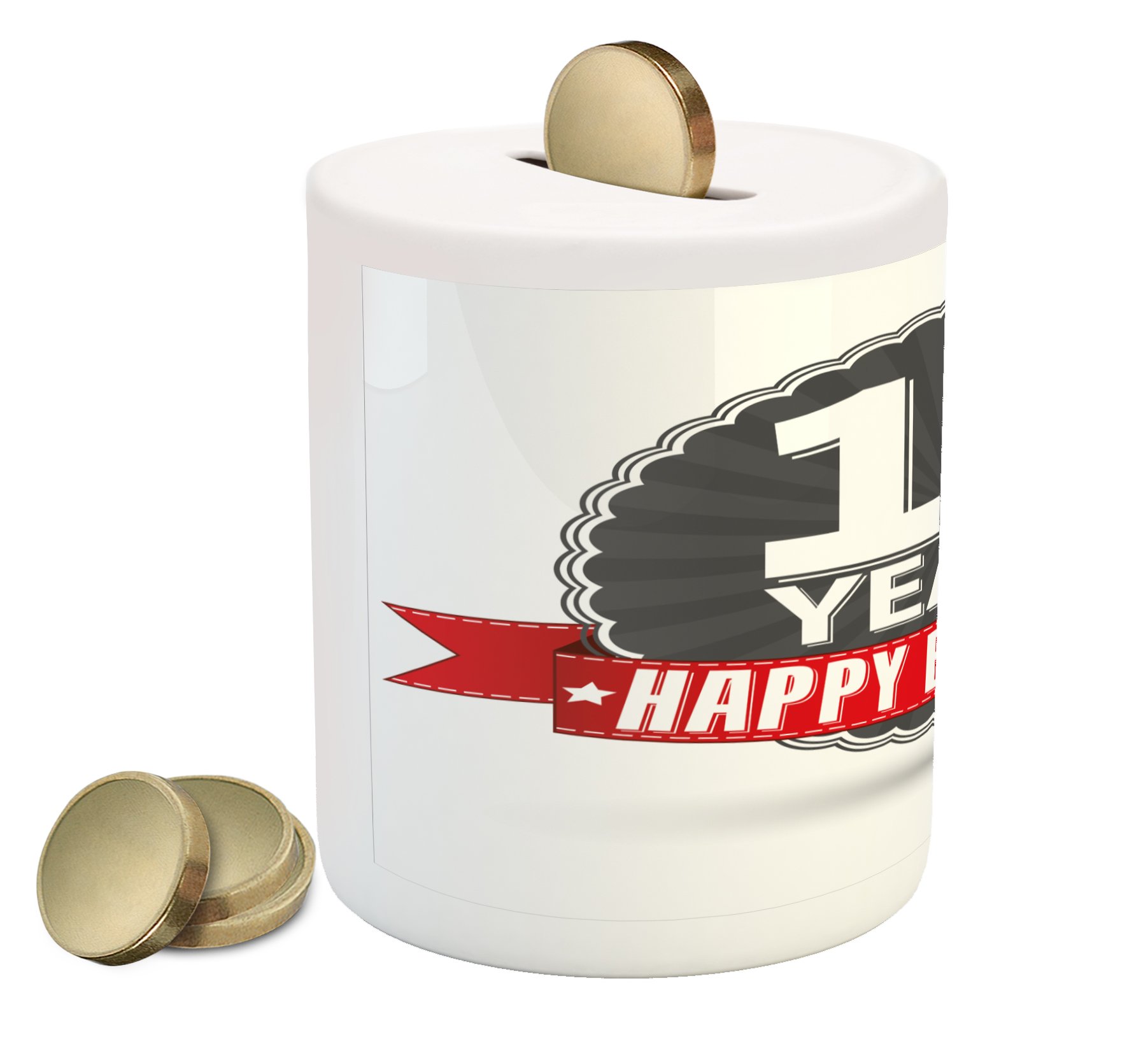Ambesonne Vintage Style 15th Birthday Piggy Bank - Ceramic Coin Bank with 15 Years Emblem for Cash Saving (Red, Grey & White) | Perfect Gift for Teenagers, Birthday Celebrations & Money Saving Goals