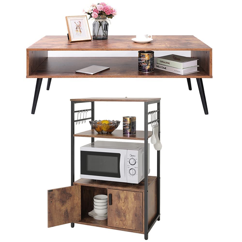 Vintage Mid-Century Modern Coffee Table & 3-Tier Kitchen Bakers Rack Set - Microwave Stand with Storage Shelf, Cocktail Table, TV Stand, Sofa Side Table - Perfect for Living Room, Dining Area & Home Office