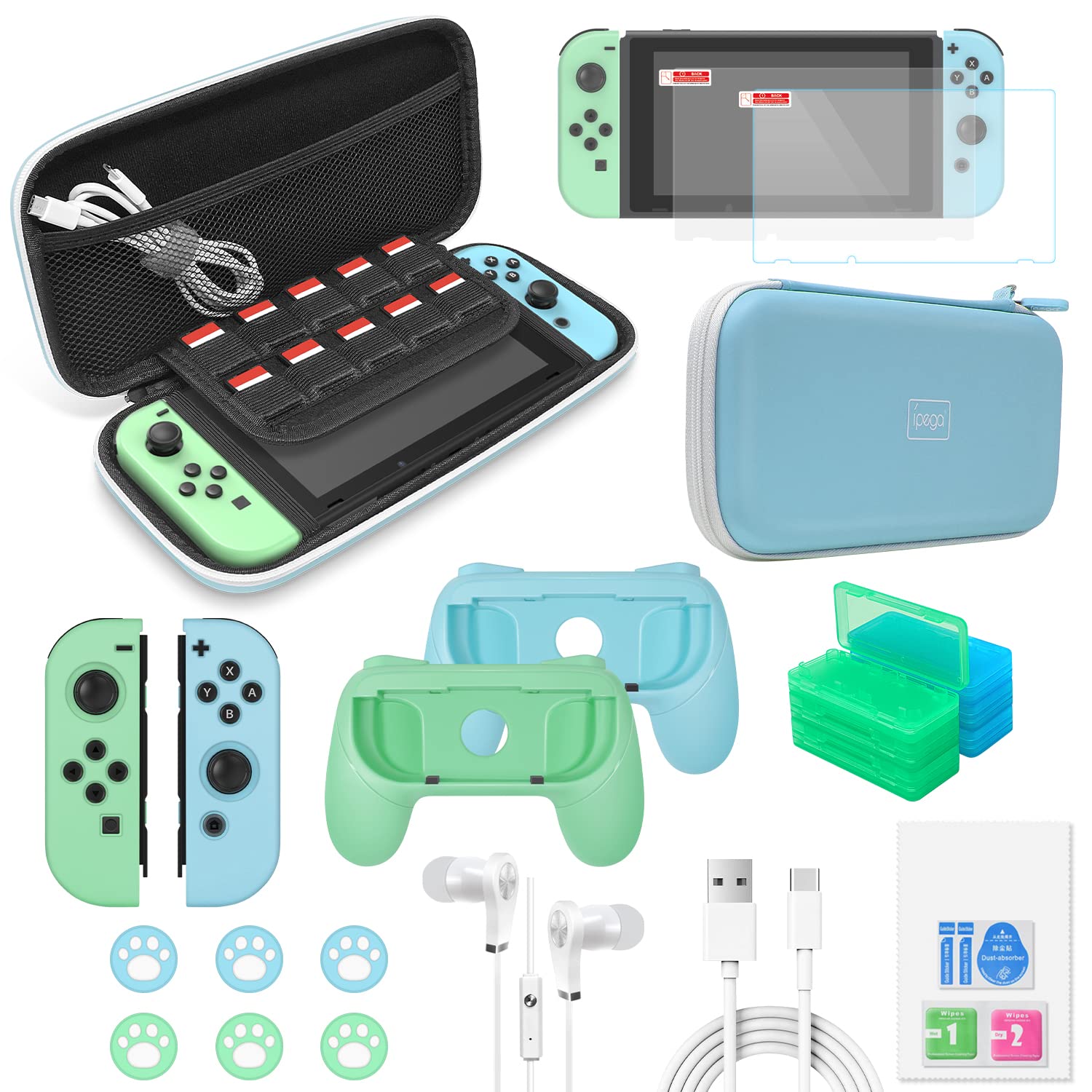 Nintendo Switch Accessories Bundle - Essential Protection Kit with Carrying Case, Screen Protector, Game Card Holder, Joycon Grips & Charging Cable (Light Blue) | Perfect for Travel, Gaming On-The-Go & Switch Protection