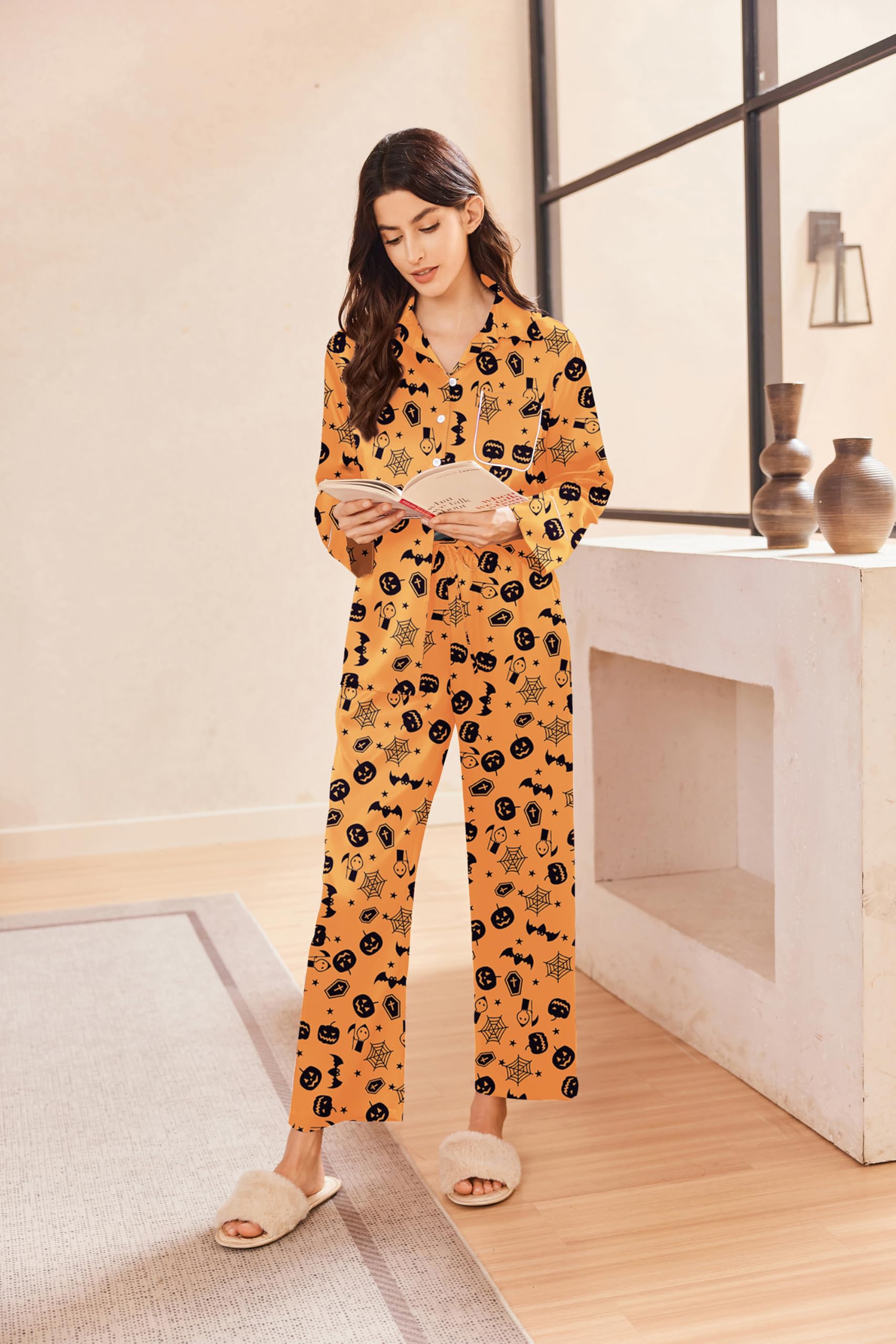 Ekouaer Women's Silk Satin Pajama Set - Button Down Long Sleeve Lounge Pajamas with Pockets for Sleep, Relaxing & Home Comfort