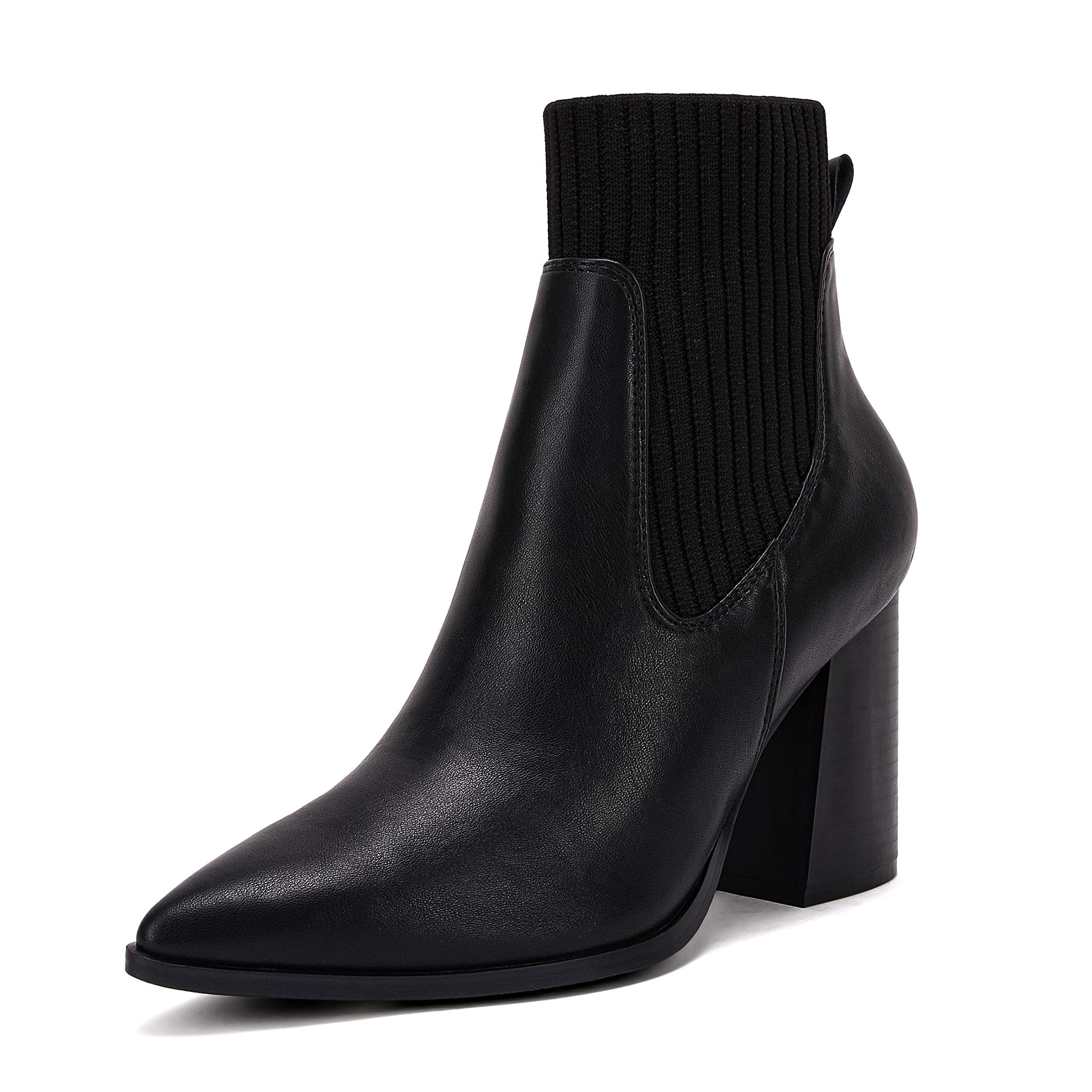 Coutgo Women's Chunky Heel Ankle Boots - Pointed Toe Knit Chelsea Booties with Stacked Heel for Winter | Dress Boots for Office, Party & Casual Outfits