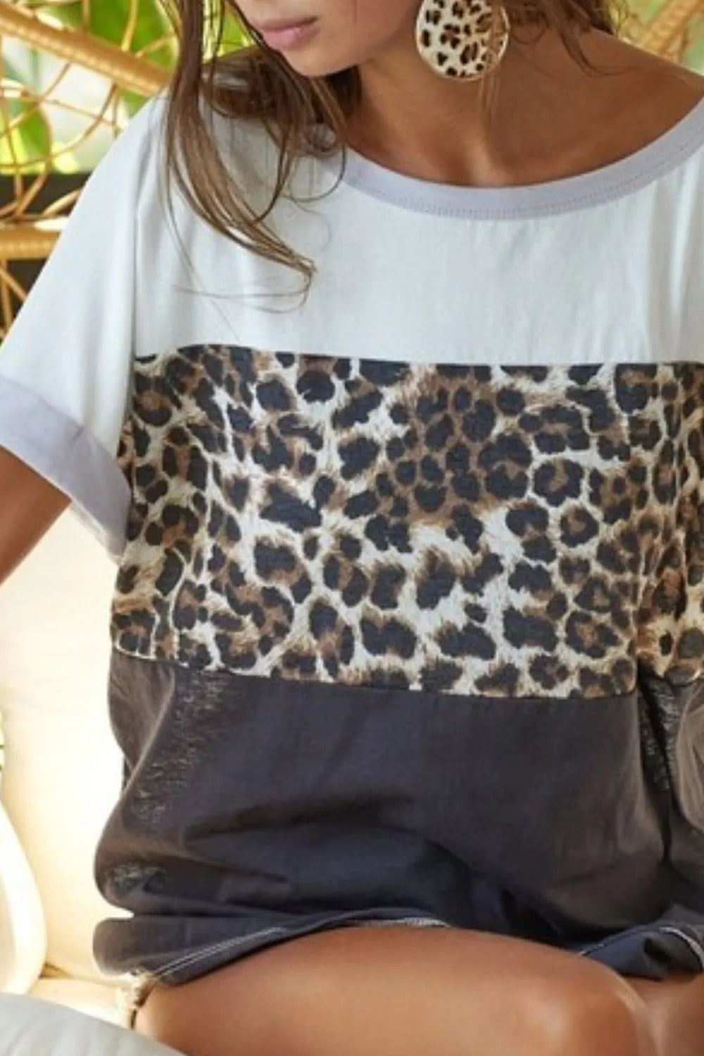 Stylish BiBi Leopard Print Color Block Roll Up Top - Trendy Animal Print Jersey Shirt for Women | Perfect for Casual Outings, Parties & Streetwear Fashion