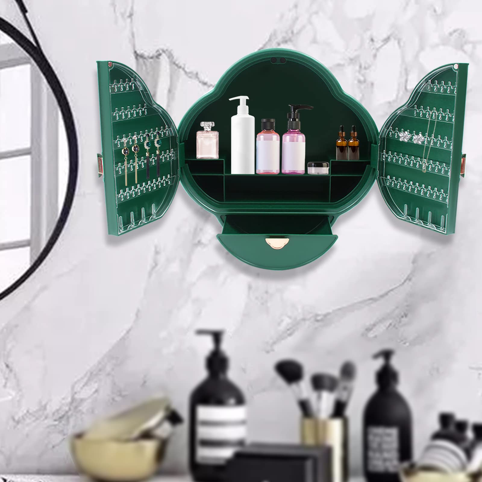 Wall Mounted Bathroom Cabinet - Plastic Storage Organizer with Doors for Kitchen & Bathroom - Green (Home Decor & Space Saving)