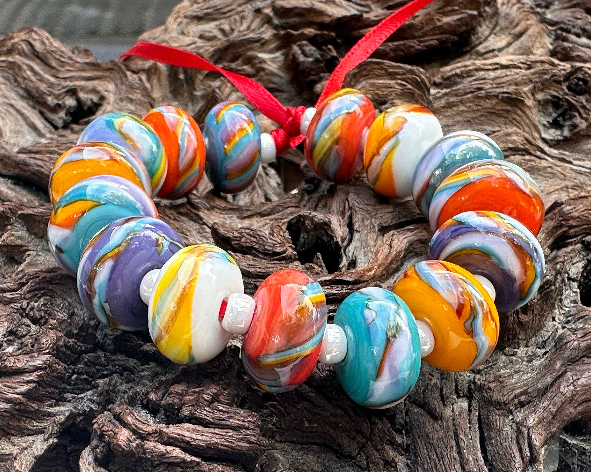 15 Retro Rainbow Swirl Lampwork Glass Beads Set for Jewelry Making - DIY Bracelets, Necklaces & Craft Projects - SRA Certified Artisan Beads
