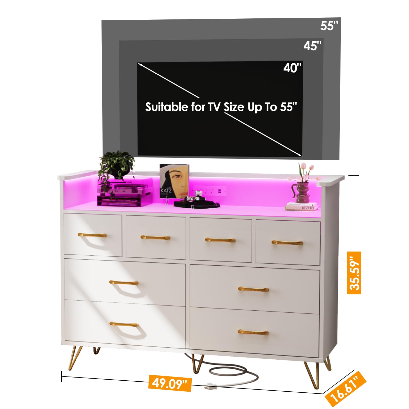 Modern White Wooden Dresser with LED Lights & USB Charging Station - 8-Drawer Storage Organizer for Bedroom, Living Room, Entryway & Hallway - Spacious Open Design for Clothes, Shoes & Home Decor Organization