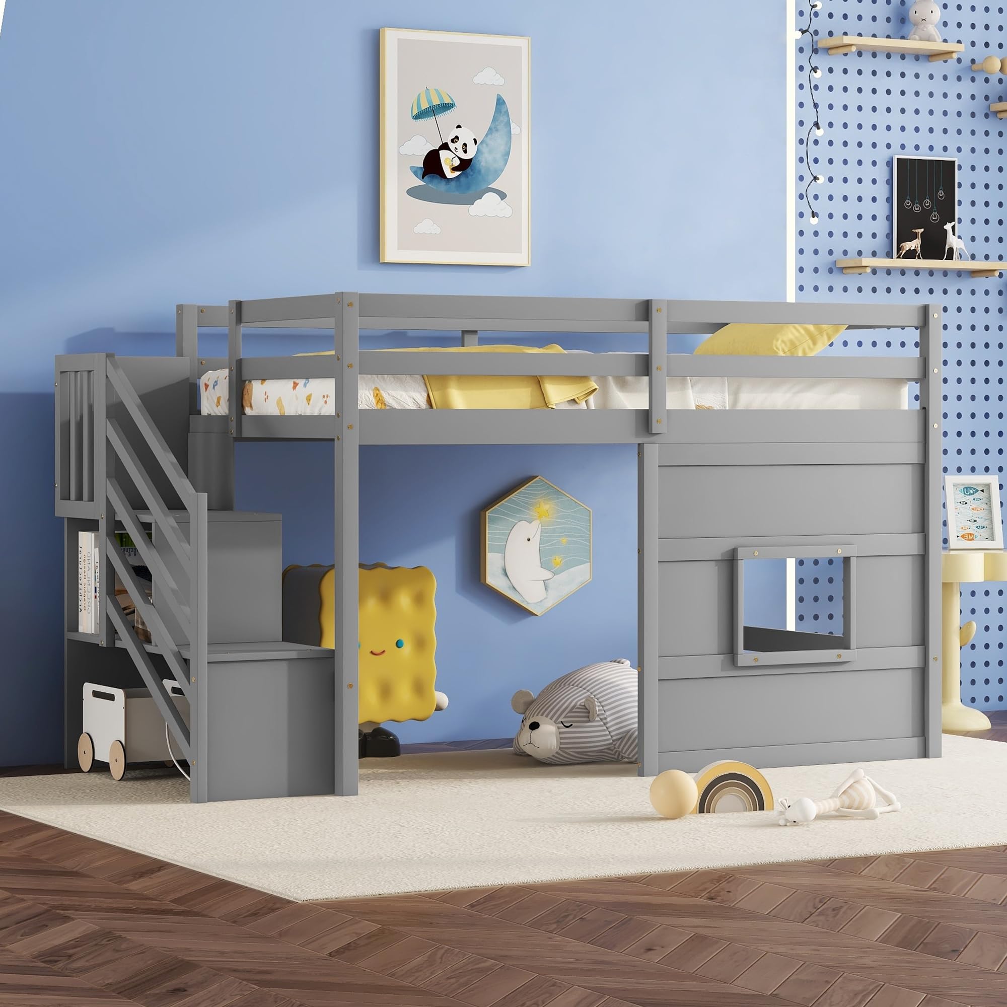 Twin Size Low Loft Bed with Stairs & Storage - Solid Wood Kids Loft Bed Frame for Boys & Girls in Gray - Space Saving Solution for Small Bedrooms, Dorm Rooms & Kids' Rooms