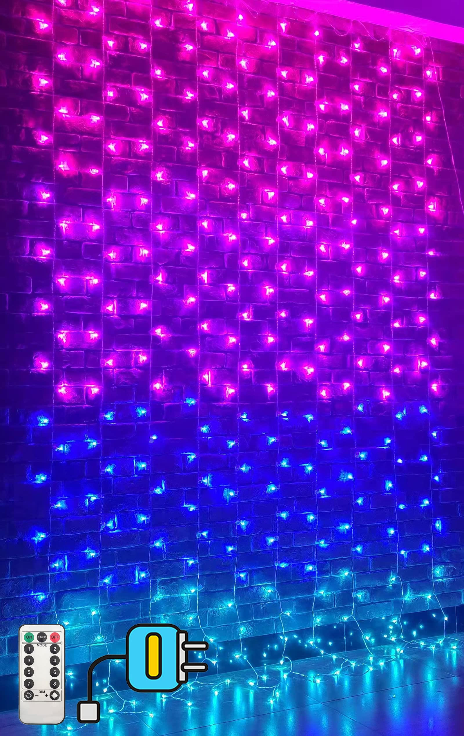 300 LED Plug-in Curtain Lights for Bedroom - 9.8x9.8ft Ombre Fairy String Lights with 8 Flashing Modes & Remote Control - Perfect for Teen Girls Room, Wall, Ceiling Decoration (Weddings, Parties, Christmas, Home Decor)