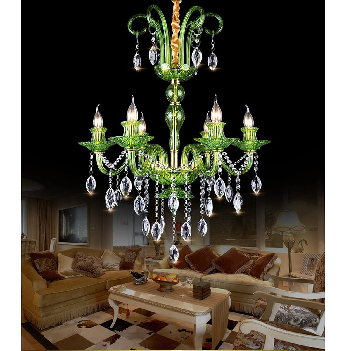 Elegant Modern Crystal Chandelier - 6-Light Candle Candelabra Pendant Ceiling Fixture for Dining Room, Living Room, Bedroom - Green Glass Hanging Lights for Home Decor and Special Occasions