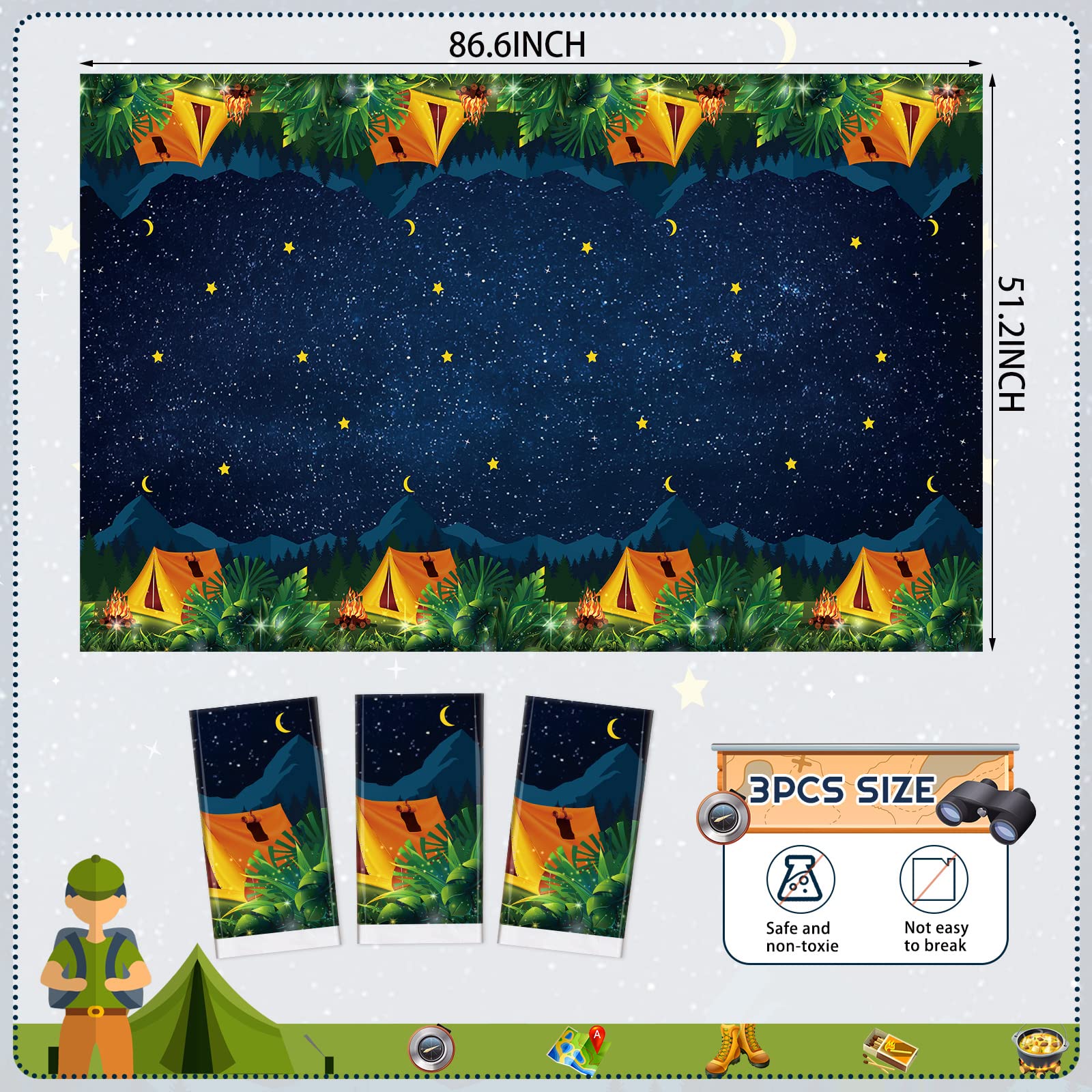 3-Piece Waterproof Plastic Camping Tablecloth Set - Rectangular Fireproof Table Cover for Camping, Picnic, Birthday Party & Outdoor Adventures - Perfect for BBQ, Hiking & Family Gatherings