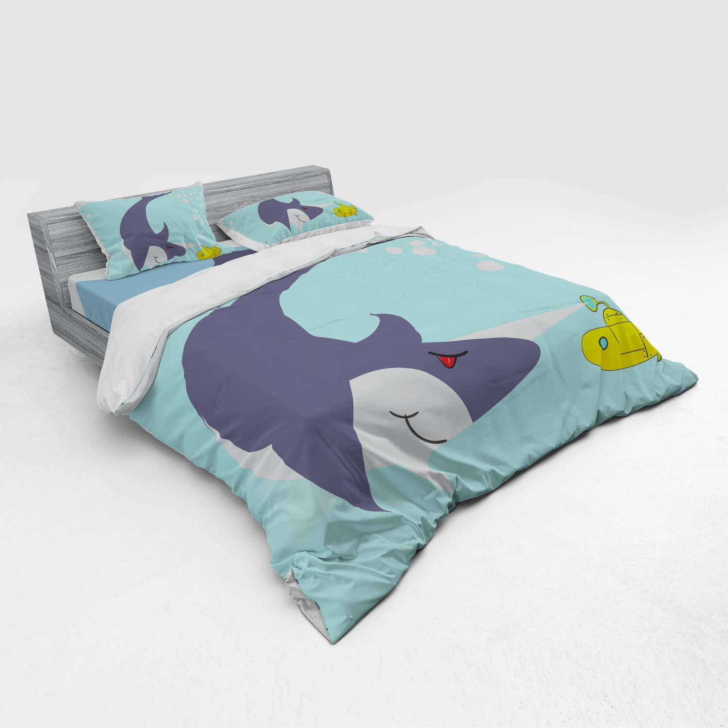 Ambesonne Yellow Submarine Duvet Cover Set - Shark & Ship Ocean Bubbles Underwater Theme Cartoon Bedding | 4-Piece King Size Set with Shams & Fitted Sheet in Blue Grey Yellow | Perfect for Kids' Rooms, Nautical Themed Bedrooms & Submarine Lovers