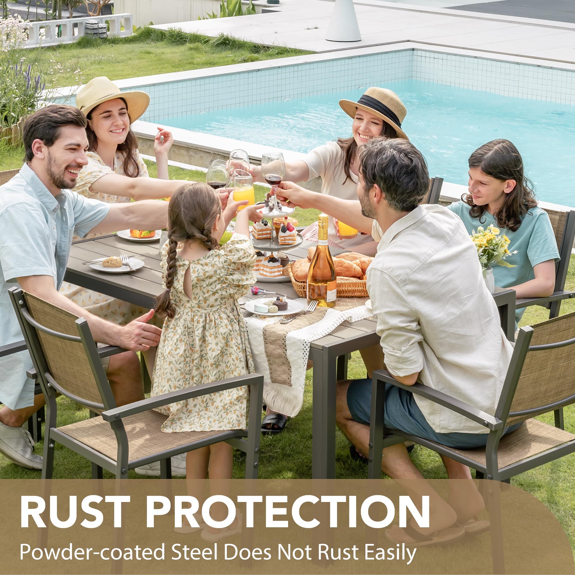 Devoko 7-Piece Patio Dining Set - Outdoor Furniture with Rectangular Table & 6 Stackable Chairs, Brown - Perfect for Garden, Backyard, Deck, and Poolside Gatherings