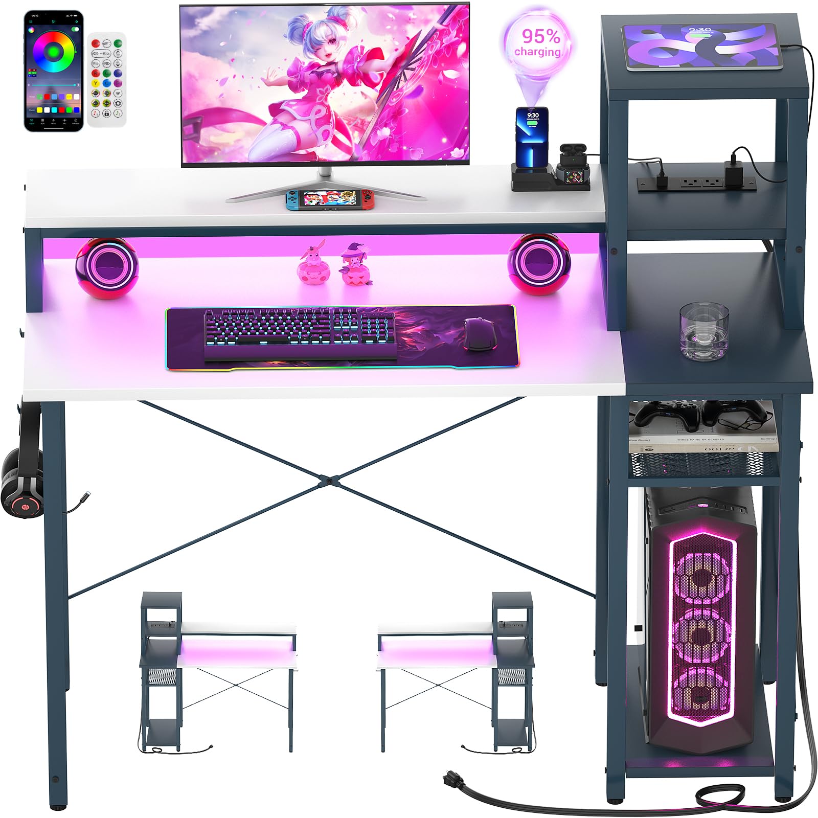 Armocity 2024 Upgraded LED Gaming Desk - 40'' Ergonomic Computer Desk with Monitor Stand & Storage Shelves, Reversible Laptop Table for Small Spaces - Perfect for Gaming Rooms, Home Offices & Dorm Rooms (White & Blue)