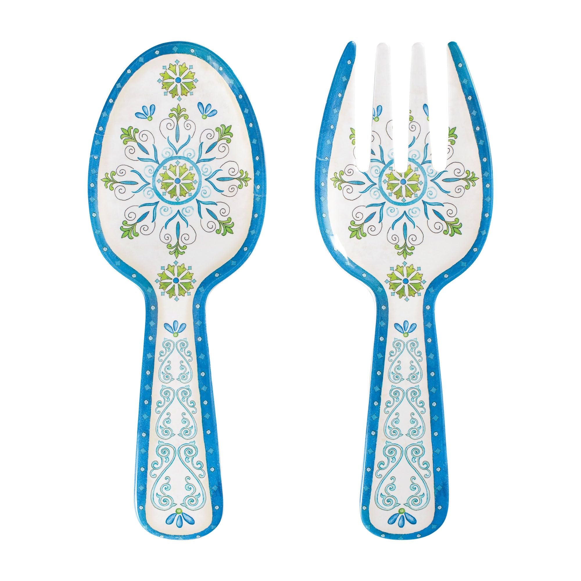 UPware 2-Piece 10.75 Inch Melamine Salad Serving Set - Durable Salad Spoon and Fork Utensils with Jewel Medallion Design for Parties, Picnics, BBQs & Everyday Dining