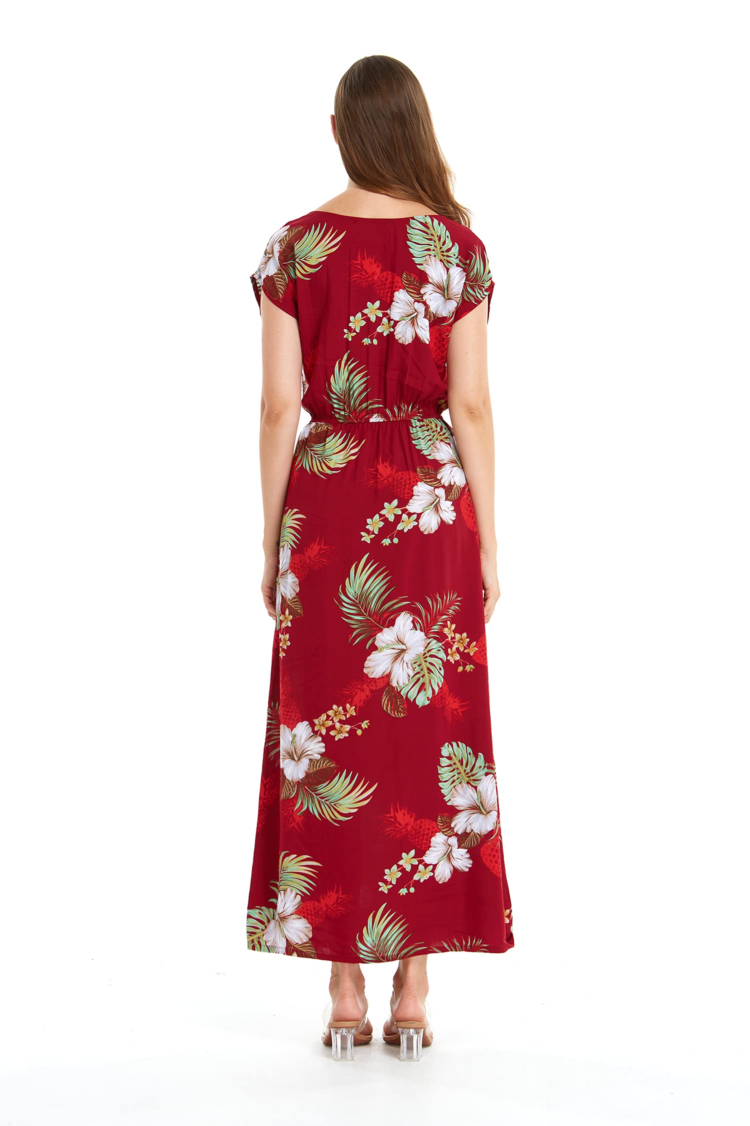 Stylish Couple Hawaiian Luau Shirts & Matching Pineapple Print Maxi Dress Set - Burgundy Tropical Outfits for Beach Vacations, Summer Parties & Romantic Getaways