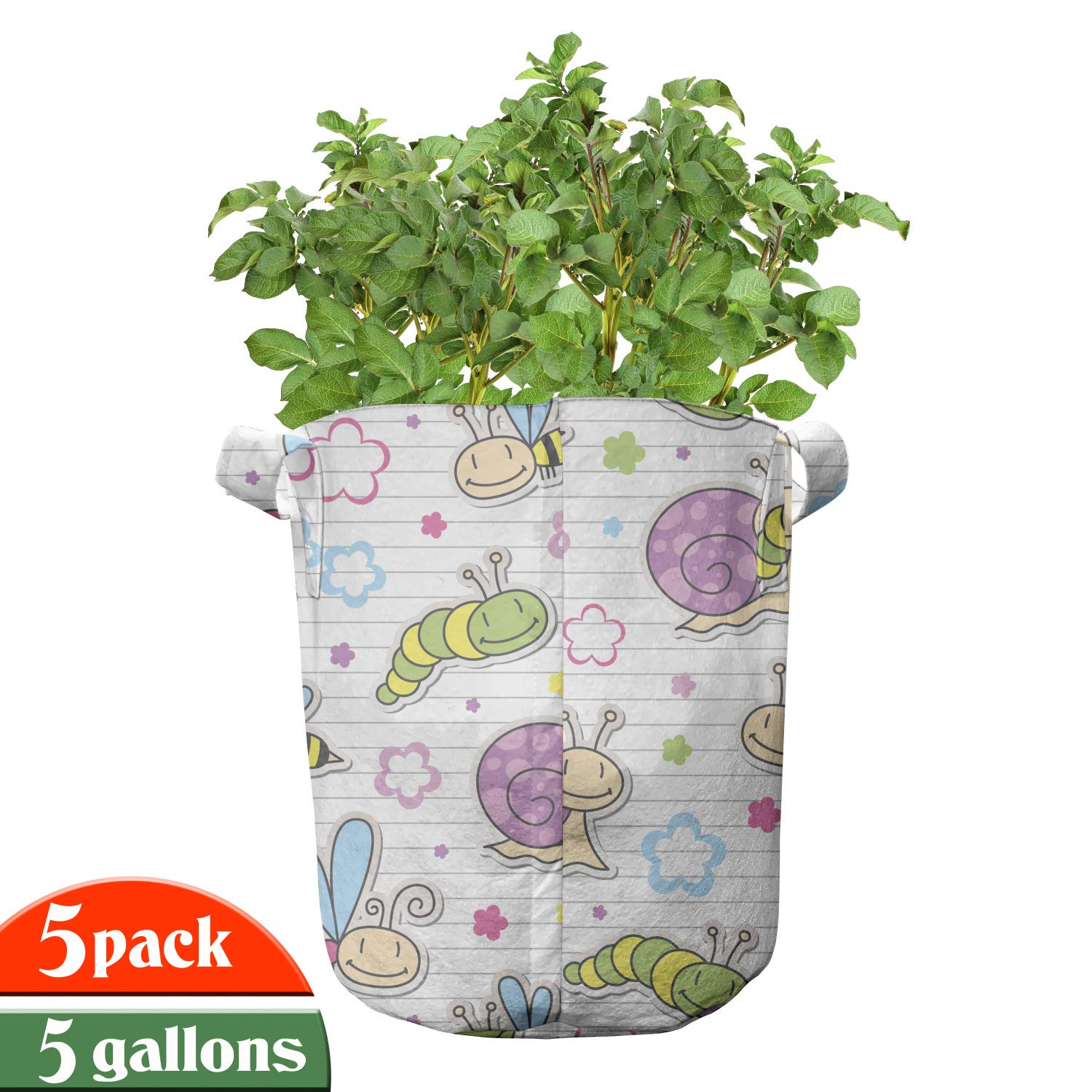 Ambesonne 5-Pack Heavy Duty Fabric Grow Bags with Handles - Cartoon Caterpillar Bees Flowers Design for Plants, Vegetables & Herbs | Indoor/Outdoor Gardening, Balcony Decor, Urban Farming