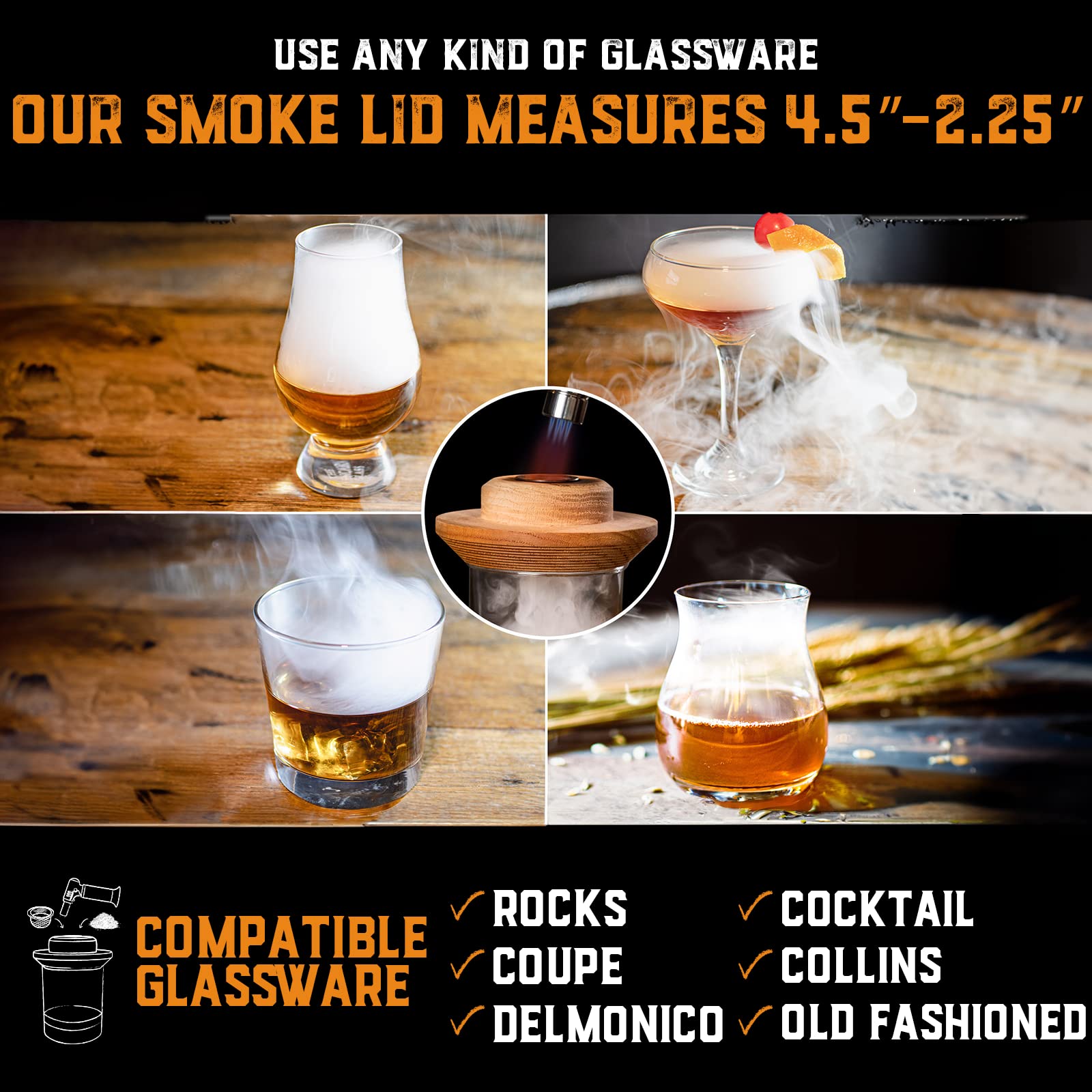 Premium Whiskey Cocktail Smoker Kit with Torch & 8 Flavored Wood Chips - American Oak Cocktail Smoker for Old Fashioned & Bourbon Drinks - Butane Included - Perfect for Home Bars, Gifts for Men & Cocktail Enthusiasts