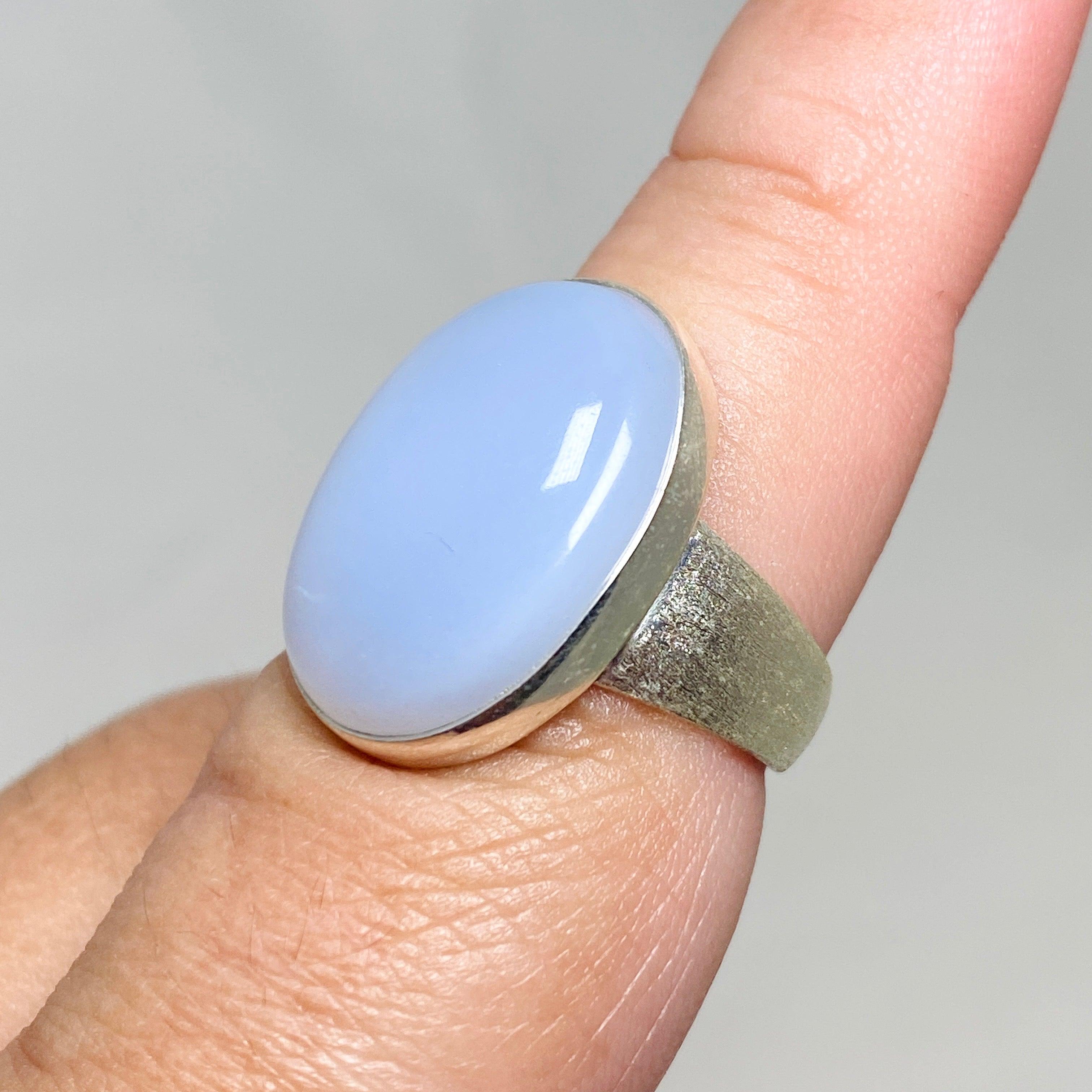 Blue Chalcedony Oval Ring with Brushed Band - Size 9 Sterling Silver Women's Jewelry KRGJ3245 | Elegant Gift for Birthday, Anniversary & Everyday Wear