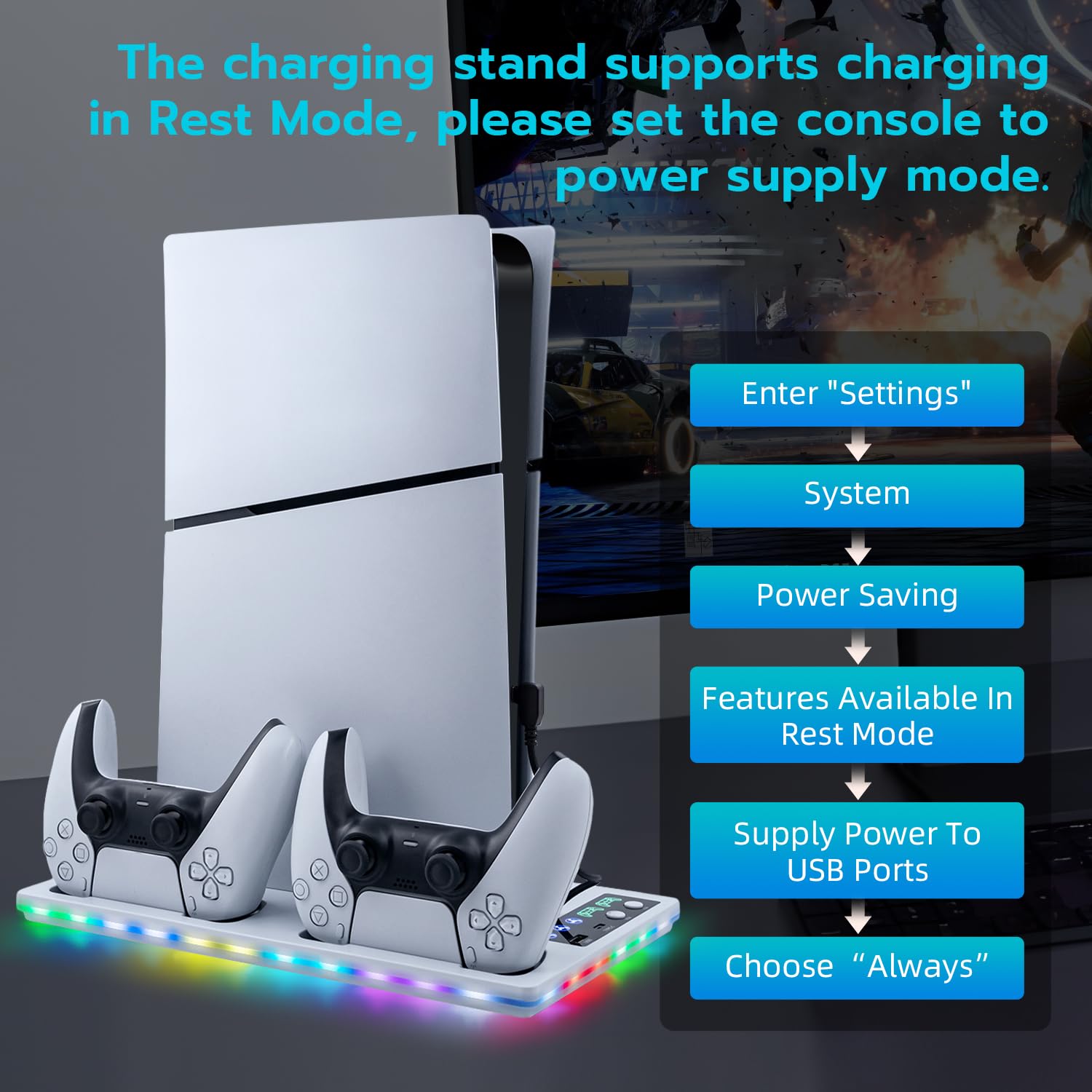 PS5 Cooling Station with RGB Lights & Dual Controller Charger - Compatible with PS5/PS5 Slim/PS5 Pro - Includes Cooling Fan, Charging Dock & 2 USB Ports - Perfect for Gaming Setup & Console Protection