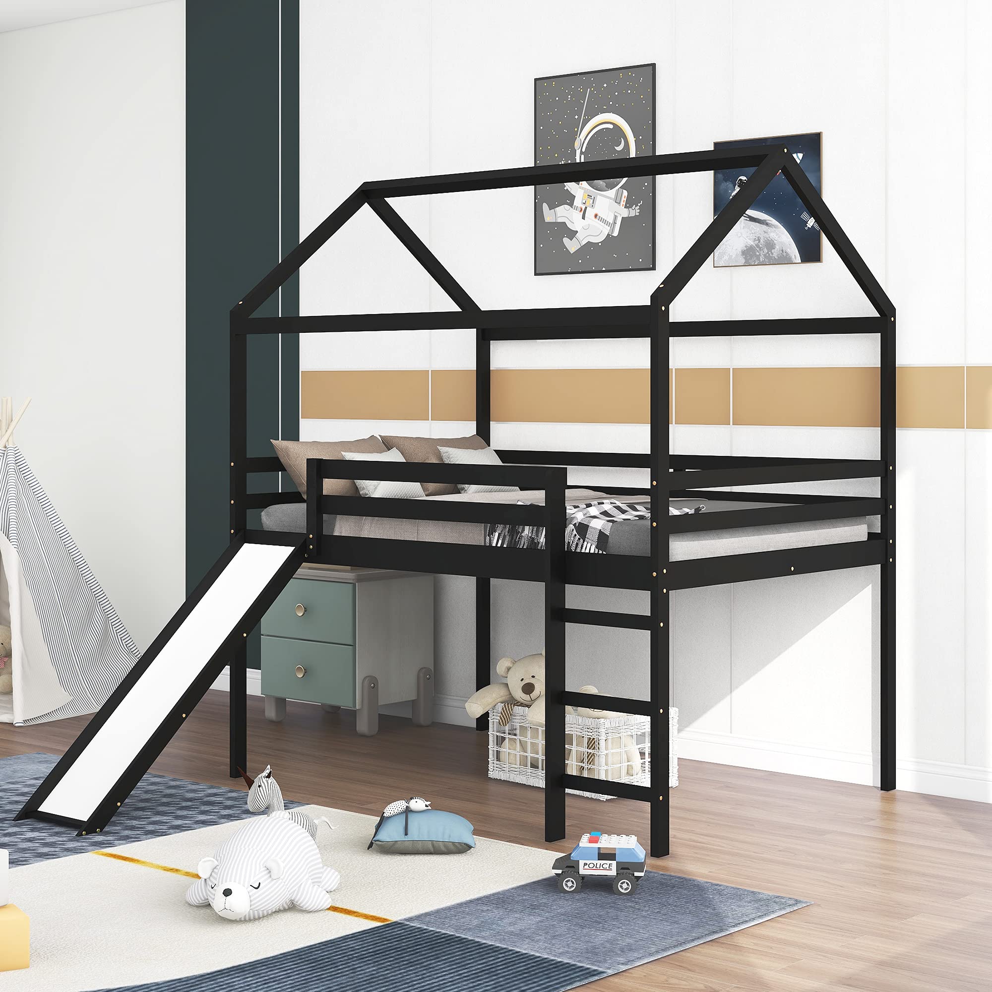 Merax Full Size Wooden Loft Bed with Slide, Playhouse Design, Roof & Ladder - Easy Assembly, No Box Spring Needed (88