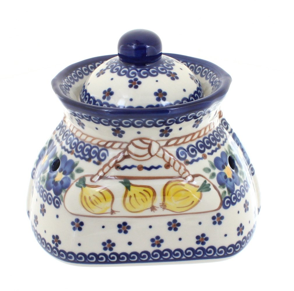 Blue Rose Polish Pottery Spring Blossom Small Garlic Keeper - Handmade Ceramic Garlic Storage Container for Kitchen Countertop Decor