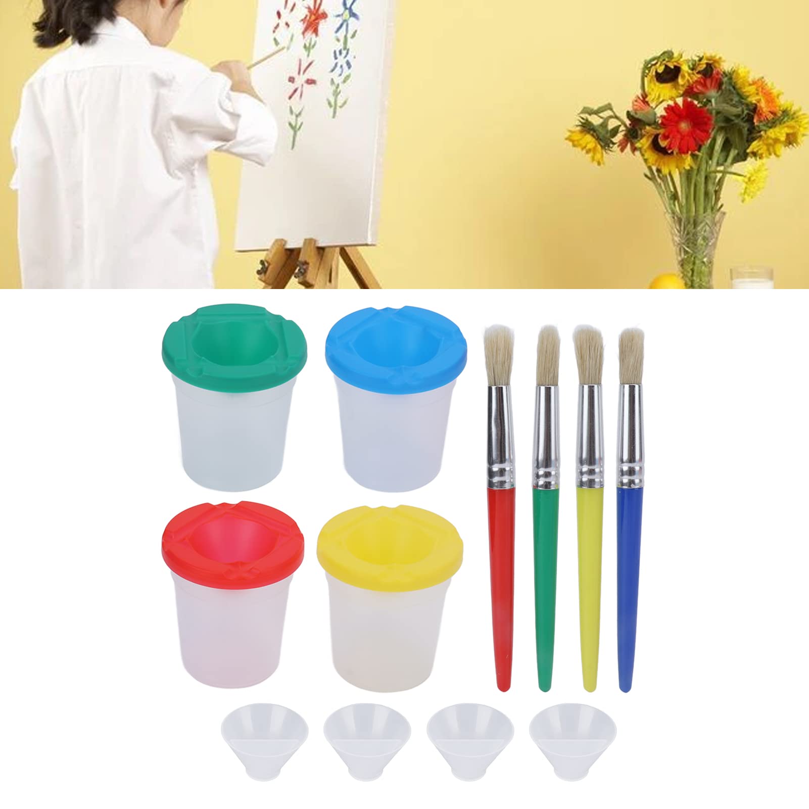 4Pcs Spill-Proof Paint Cups with Lids & 4 Brushes - Kids Art Painting Supplies for Classroom, DIY Crafts & Home Activities - Non-Spill Design for Mess-Free Creativity