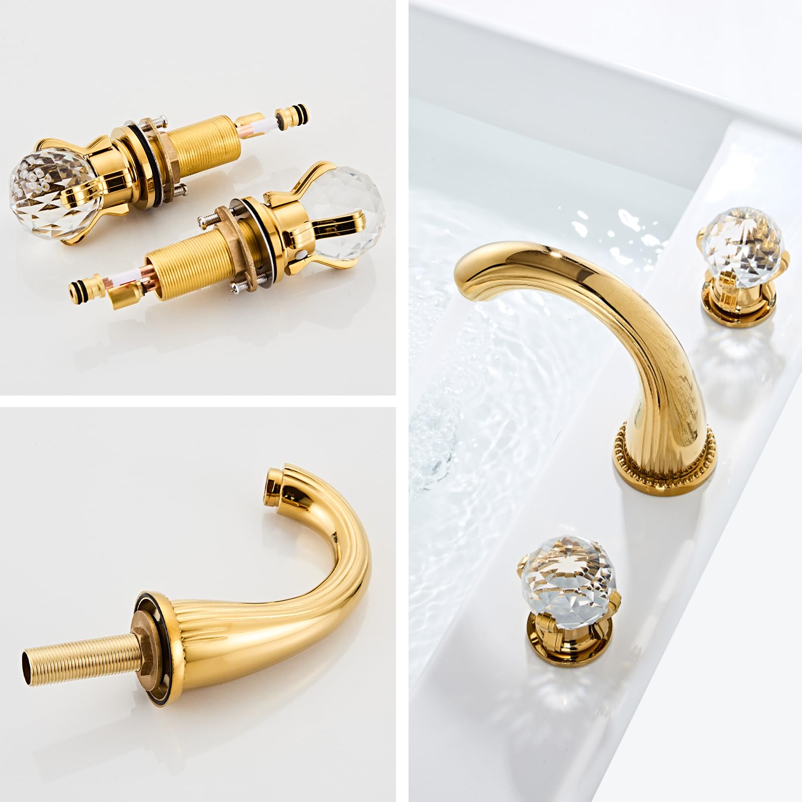 Premium 3-Hole Widespread Brass Bathroom Sink Faucet with Crystal Handle - Gold Ti-PVD Finish - Deck Mount Mixer Tap for Modern Bathrooms & Powder Rooms