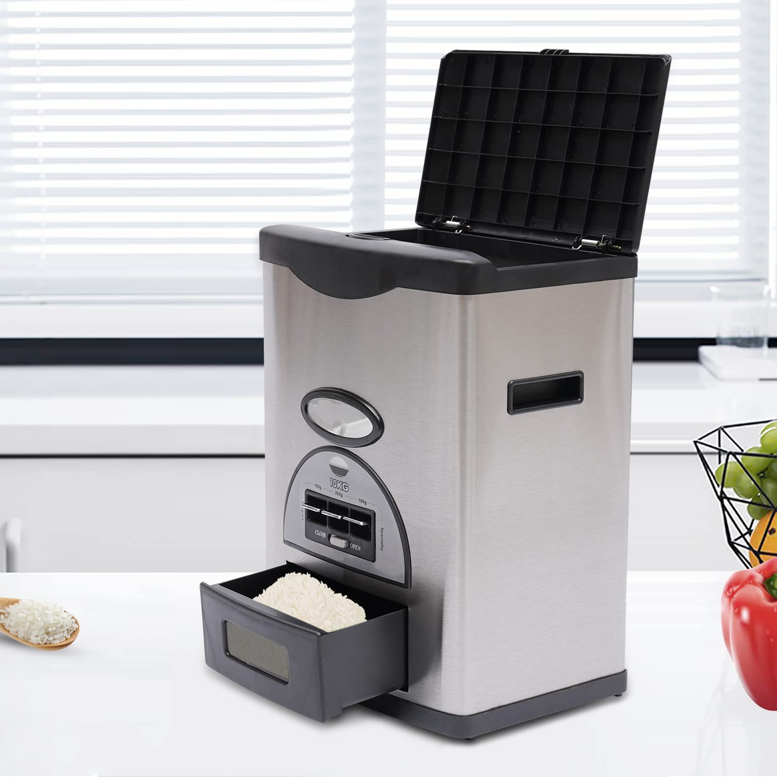 Stainless Steel Auto Rice Dispenser & Storage Container - 10kg/22lb Capacity for Rice, Grains & Dry Food - Perfect for Kitchen Organization & Pantry Storage