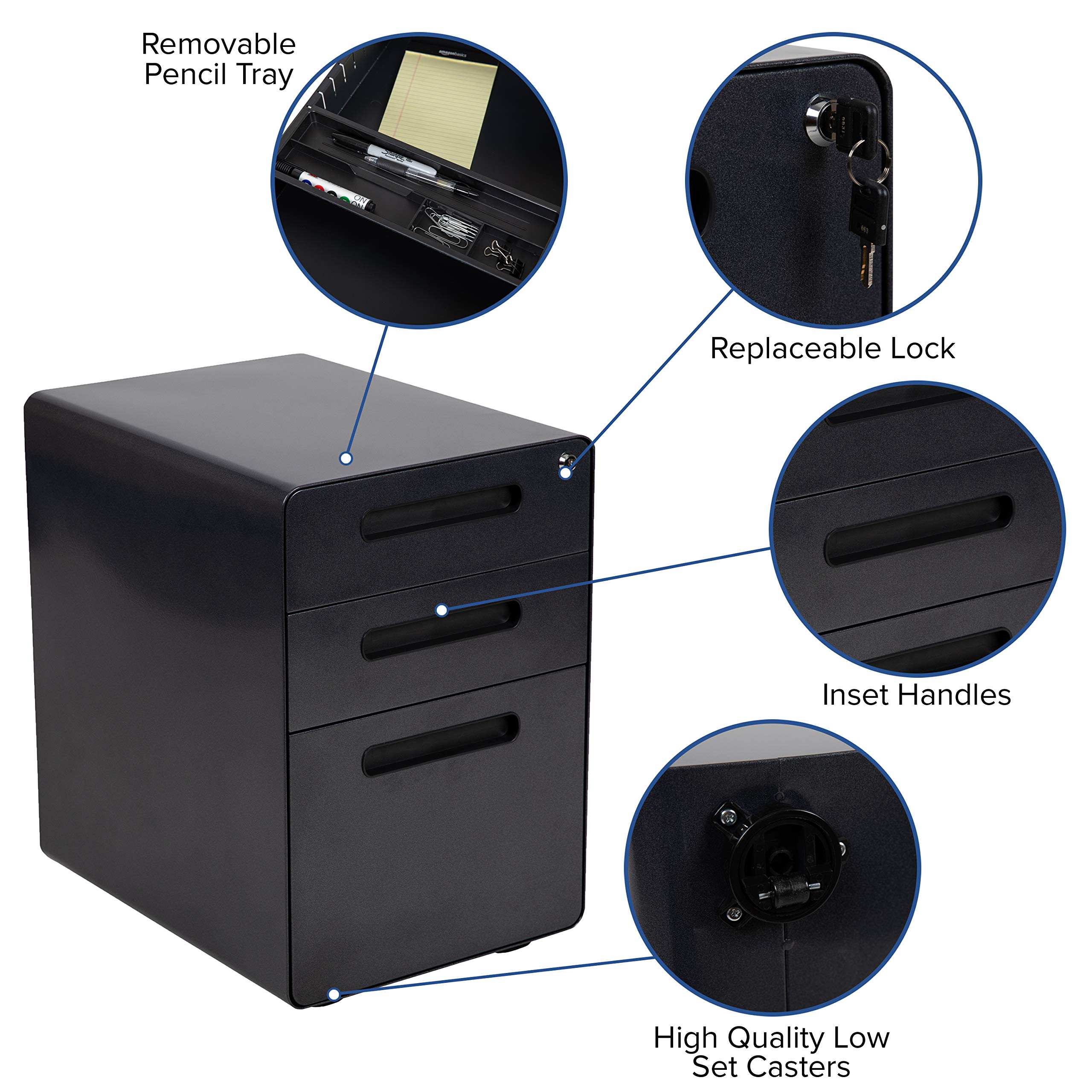 EMMA + OLIVER 3-Drawer Mobile Locking File Cabinet - Black Ergonomic Storage Organizer for Office, Home & School - Secure Document Filing System with Wheels for Easy Mobility