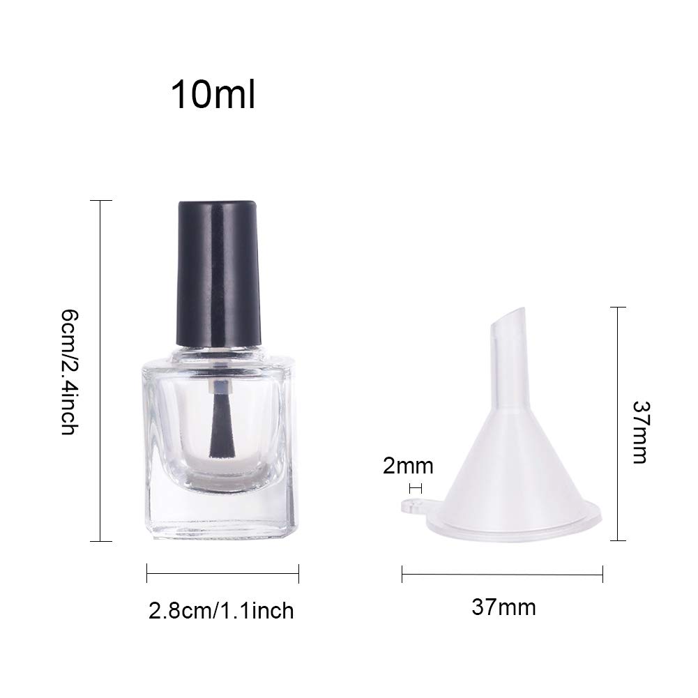 BENECREAT 12PCS 10ml Empty Clear Glass Nail Polish Bottles with Brushes & 5PCS Funnel Hopper - Refillable DIY Nail Art Supplies for Salon, Home Manicure, Nail Extension, Gift Packaging