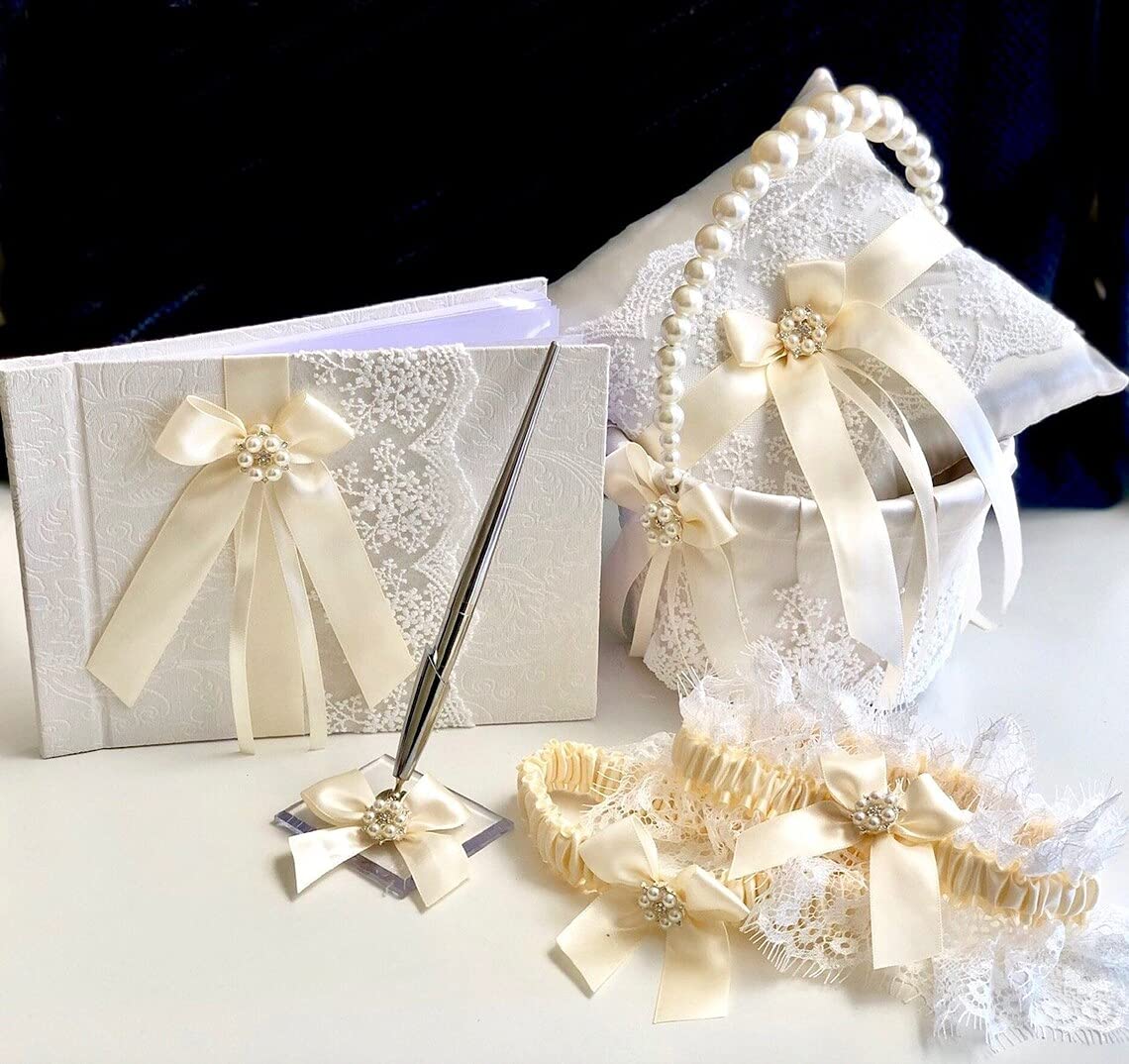 Ivory Flower Girl Basket and Ring Bearer Pillow Set - Wedding Ceremony Accessories for Flower Girls, Bridal Shower Gift, Elegant Off-White Flower Basket and Ring Pillow Combo (1 Pillow + 1 Basket) - Perfect for Wedding Procession, Ring Exchange, and Bridal Party Photos