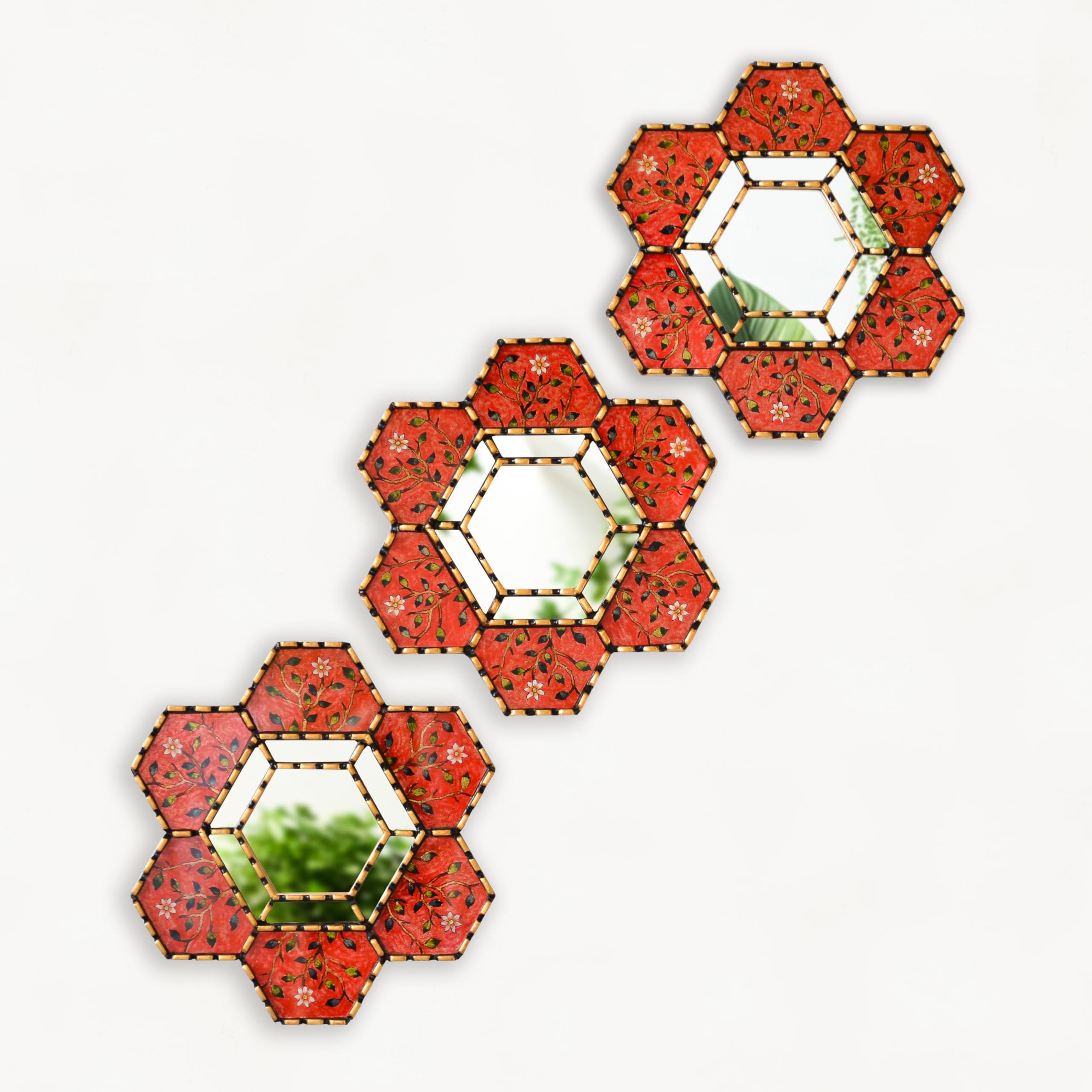 Handmade Hexagon Mirror Set of 3 - Gold Accent Wall Mirrors for Home Decor, Bedroom & Living Room - Boho Chic Vintage Small Mirrors Perfect for Gallery Walls, Entryways and Bathroom Decor