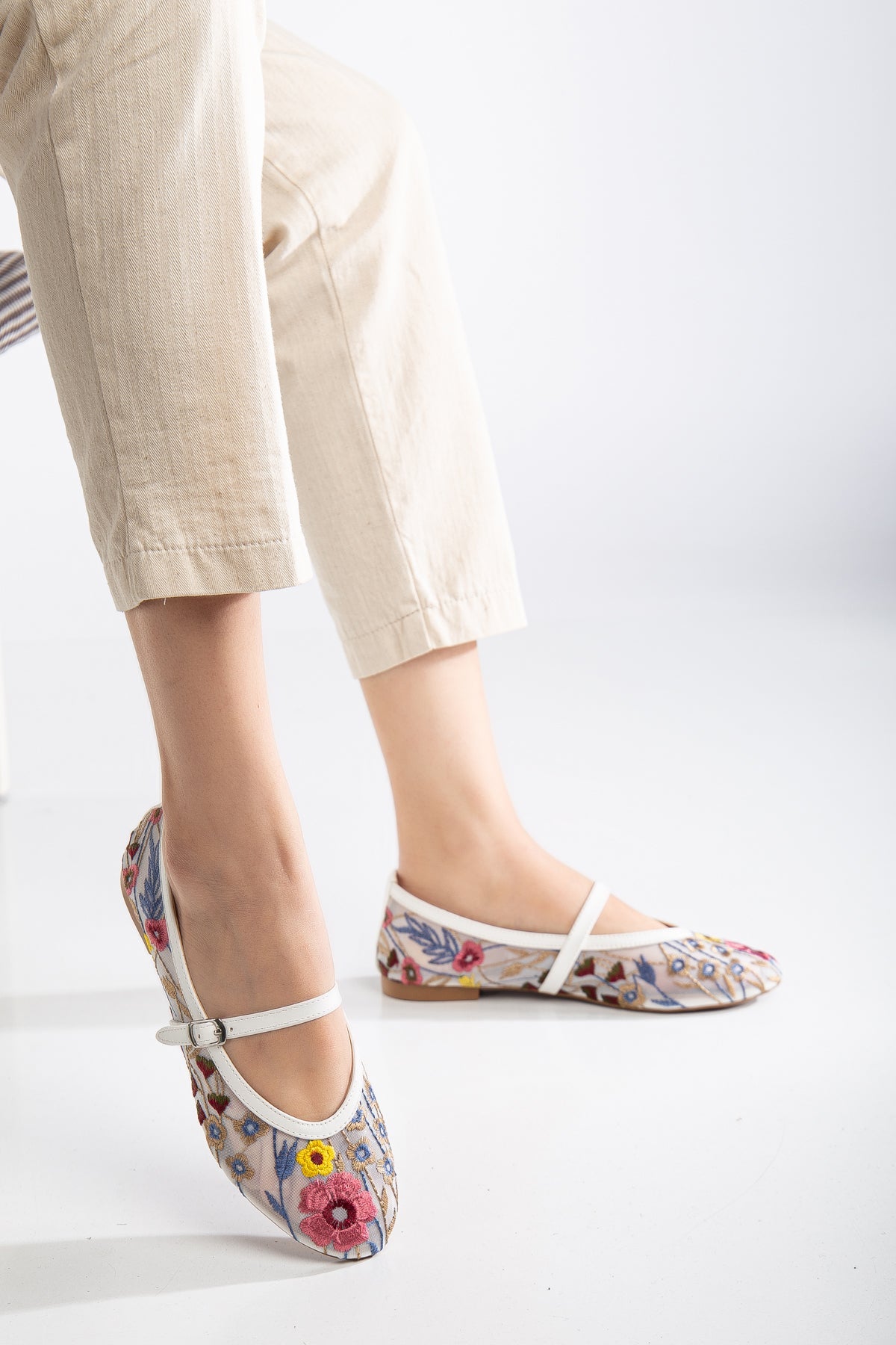 Fauna White Mesh Mary Jane Flats for Women - Comfortable & Stylish Casual Shoes for Work, Walking, and Everyday Wear