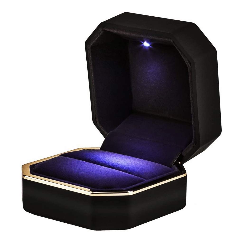 Luxury Velvet Ring Box with LED Light - Square Wedding Jewelry Gift Box for Proposal, Engagement & Wedding - Perfect for Surprise Proposals, Anniversary Gifts & Bridal Accessories (Black)