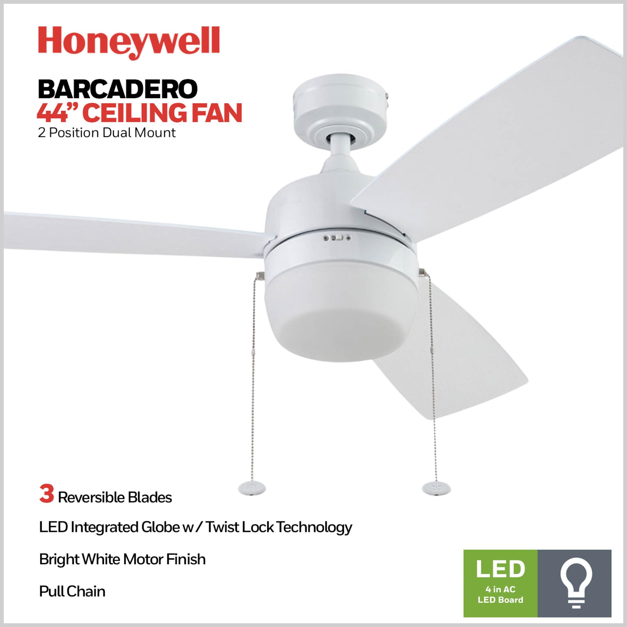 Honeywell Barcadero 44 Inch Modern Ceiling Fan with LED Light - 3 Blades, White Maple & White Finish Options - Bright White (51475-01) - Perfect for Living Room, Bedroom, and Indoor Spaces