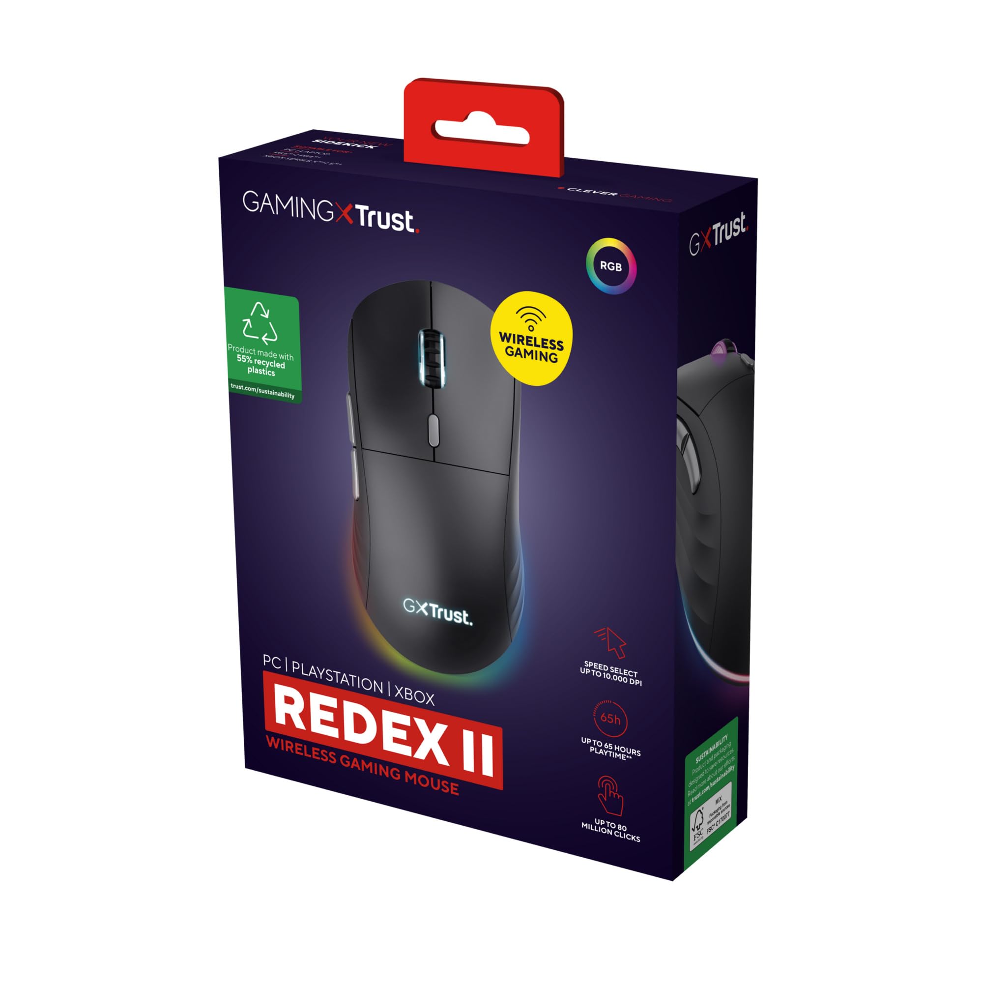Trust GXT 926 Redex II Wireless Gaming Mouse - 2.4GHz, 65 Hours Battery Life, Kailh Switches, 10000 DPI, 6 Programmable Buttons, Rechargeable for PC/Laptop (Black) - Perfect for FPS, MOBA & MMO Gaming