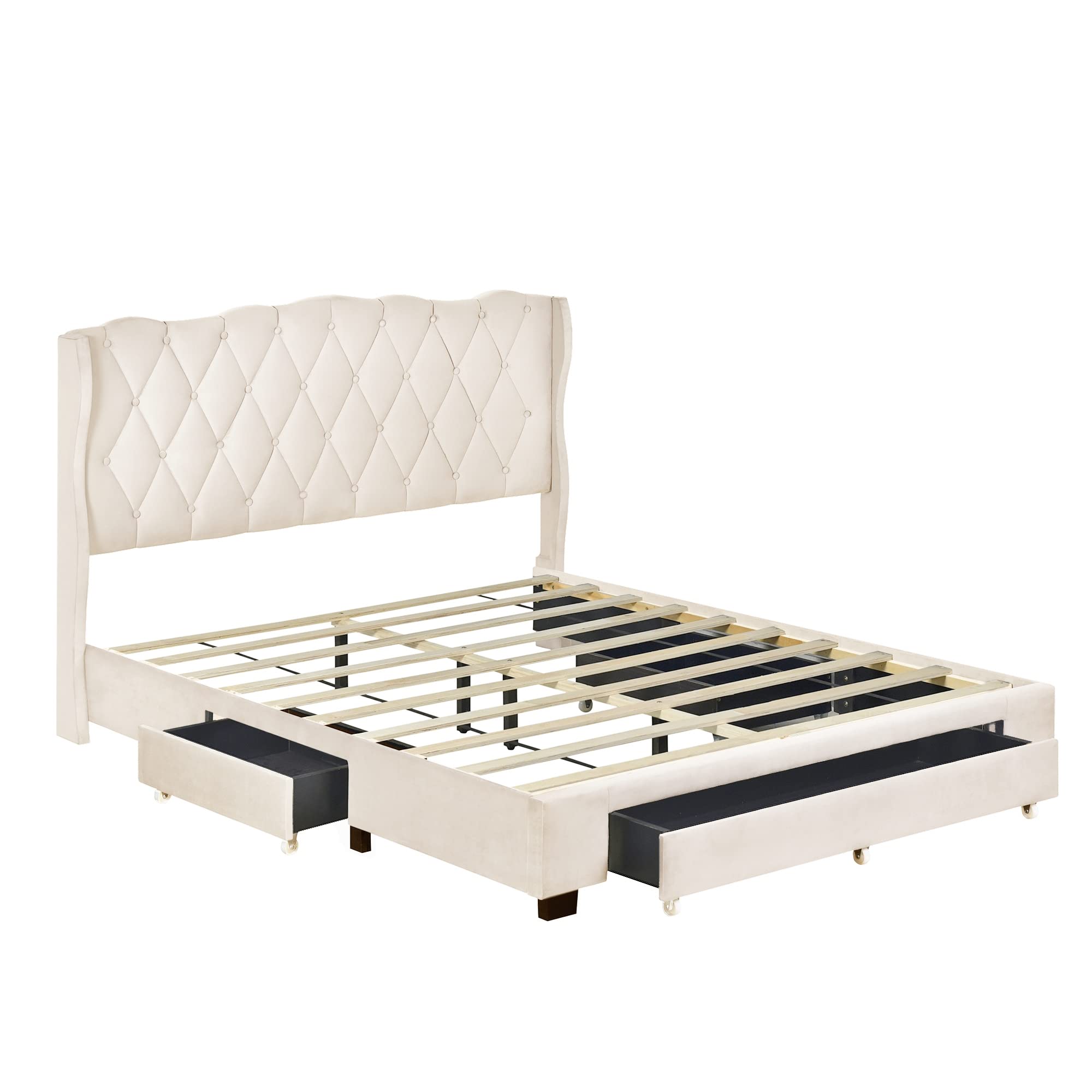 Flieks 4-Piece Queen Size Bedroom Set - Upholstered Bed with 3 Drawers, High Gloss Mirrored Nightstands & Dresser with Metal Handles & Legs in Beige | Modern Bedroom Furniture for Master Bedroom, Guest Room & Apartment Decor