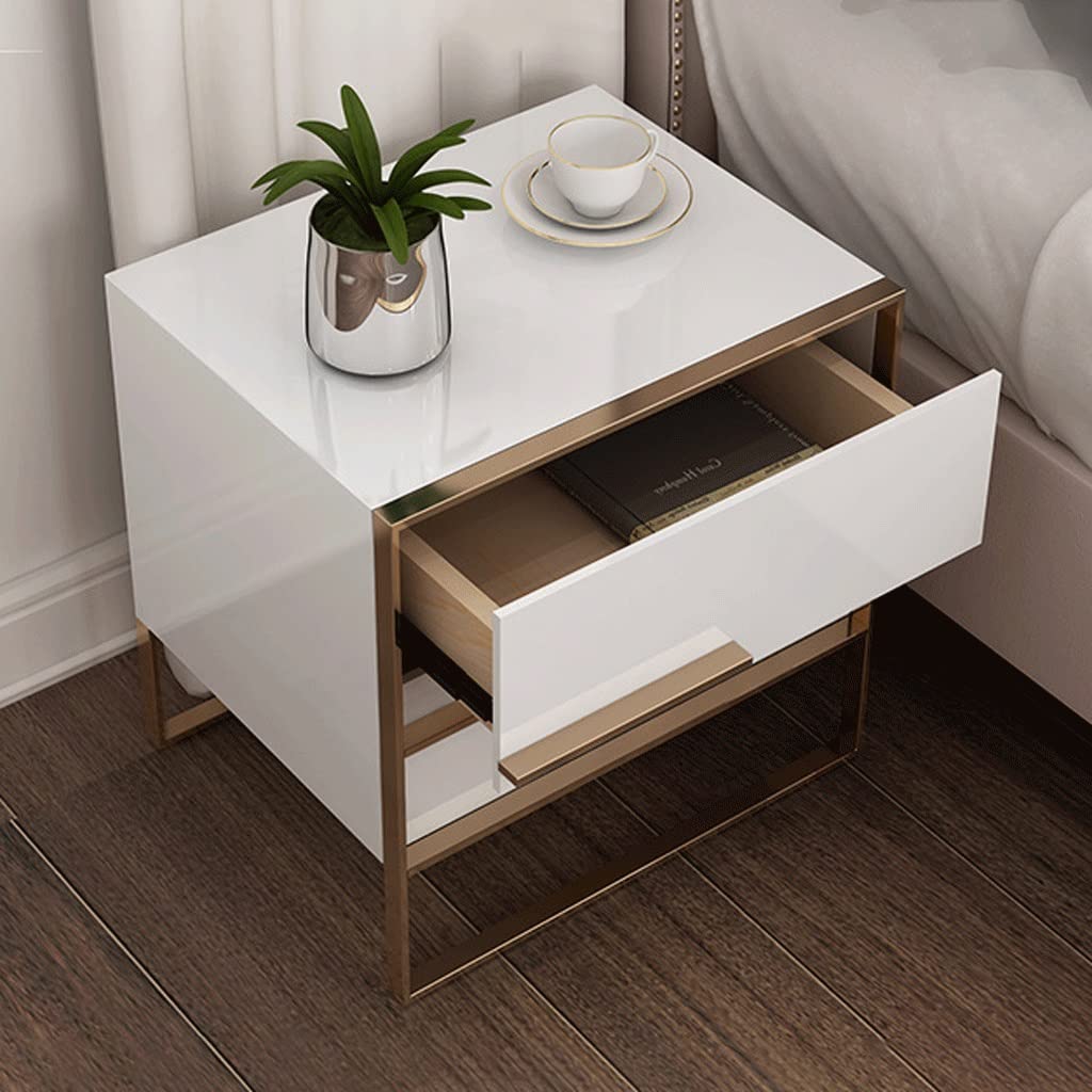 Nordic Style Modern Minimalist Bedside Table - White Nightstand with Storage Cabinet for Bedroom, Stainless Steel Frame, Black & White Paint - Perfect for Small Spaces, Apartment Living & Guest Rooms