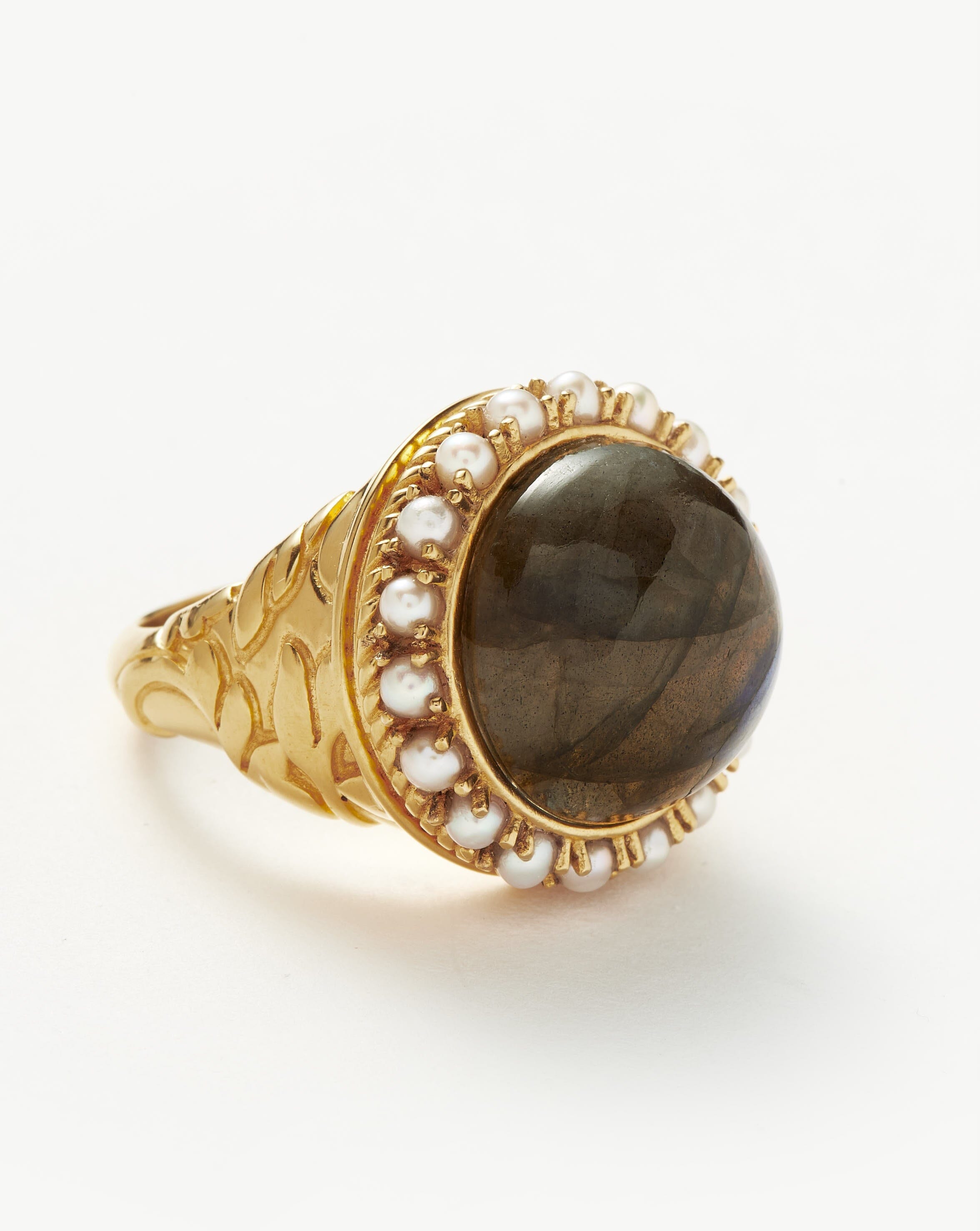 Harris Reed Labradorite Cocktail Ring - 18k Gold Plated Statement Ring with Genuine Labradorite & Pearl Accents | Elegant Jewelry for Evening Parties, Weddings & Special Occasions