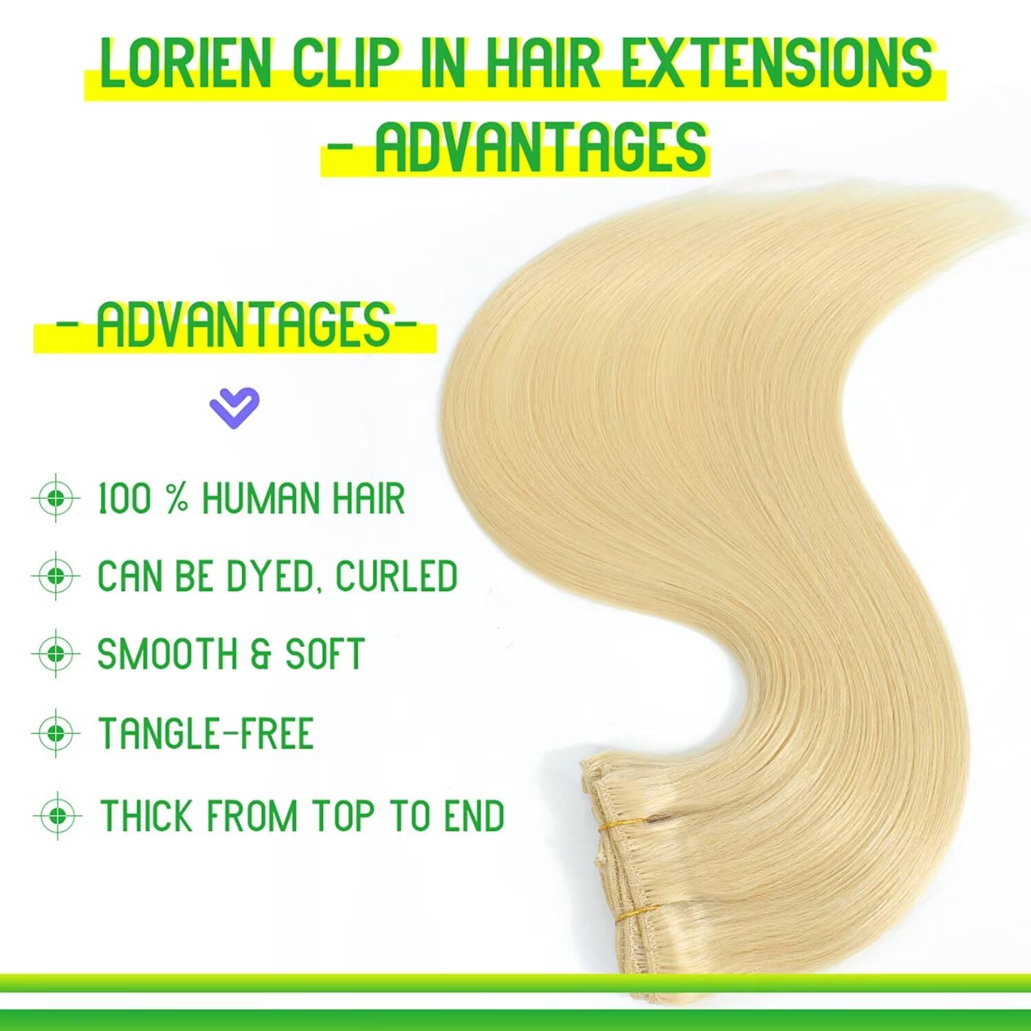 20 Inch 105g LORIEN Clip-in Human Hair Extensions - 100% Brazilian Remy Hair, 613 Bleach Blonde, 8pcs Set with 18 Double Weft Clips | Perfect for Volume, Length & Styling for Parties, Weddings & Daily Wear