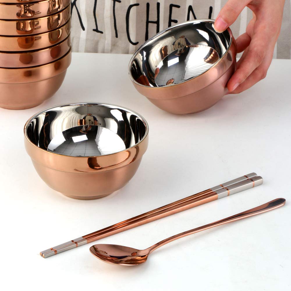 Premium 24-Piece SUS 304 Stainless Steel Bowl Set with Spoons & Chopsticks - 19oz Double-Walled Metal Rice & Cereal Serving Bowls for Restaurant, Home Kitchen - Family & Kids Friendly Rose Gold Dinnerware Set - Perfect for Asian Cuisine, Meal Prep, Camping & Party Serving