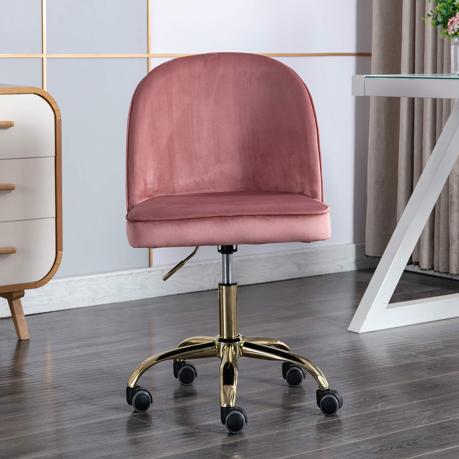 Kmax Armless Desk Chair - Compact Home & Office Chair for Teens, Cute Vanity Chair in Rose Pink - Perfect for Small Spaces, Dorm Rooms & Makeup Stations