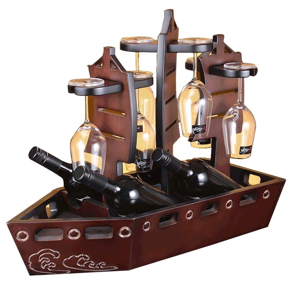 Giltern Personality Creative Sailboat Solid Wood Wine Bottle Holder - 3 Bottle Capacity, Wooden Wine Storage Stand for Red Wine & Glass Racks - Perfect for Home Bar, Restaurant Table & Wine Cabinet Display (Handcrafted Boat Design)