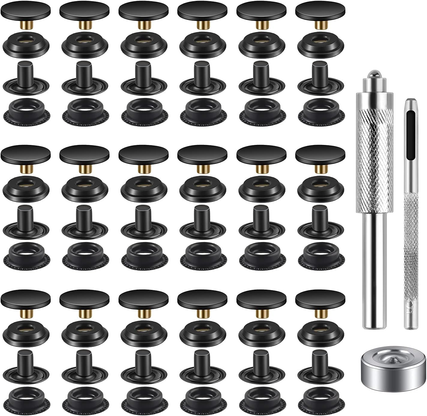 40-Piece (10 Sets) 5/8 Inch (15mm) Stainless Steel Snap Fastener Kit - Snap Buttons for Leather, Bags, Jeans & Fabric - DIY Sewing & Clothing Repair Tool (Black) - Perfect for Jackets, Purses, Denim & Craft Projects