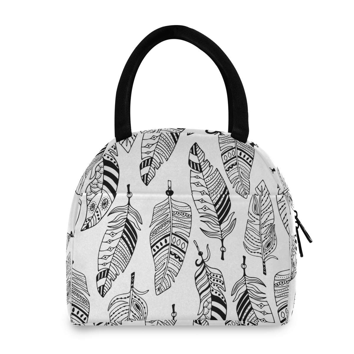 Sinestour Insulated Lunch Bag for Women & Men - Reusable Tote Cooler Bag with Ethnic Feather Design for School, Office, Picnic - Perfect for Kids, Adults & Children (Great for Work, Travel & Outdoor Activities)